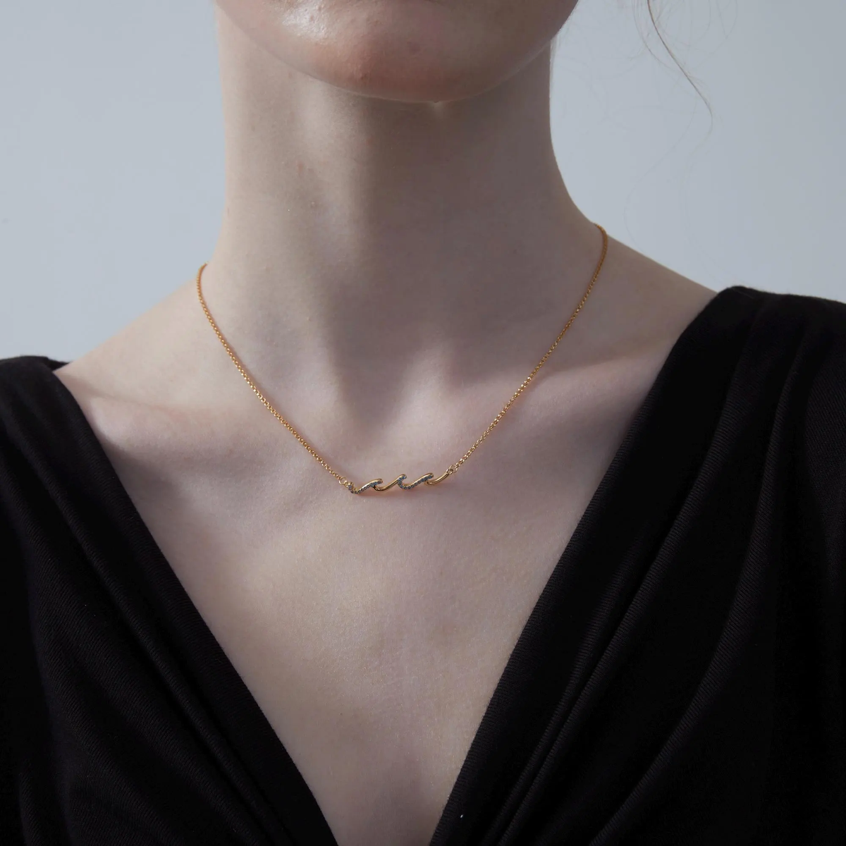 Ocean Wave Horizontal Charm Necklace in 925 Sterling Silver
