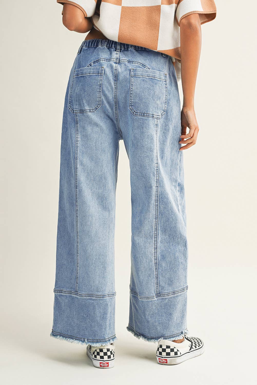 LDC Drawstring Seam Detail Raw Hem Wide Leg Denim Pants