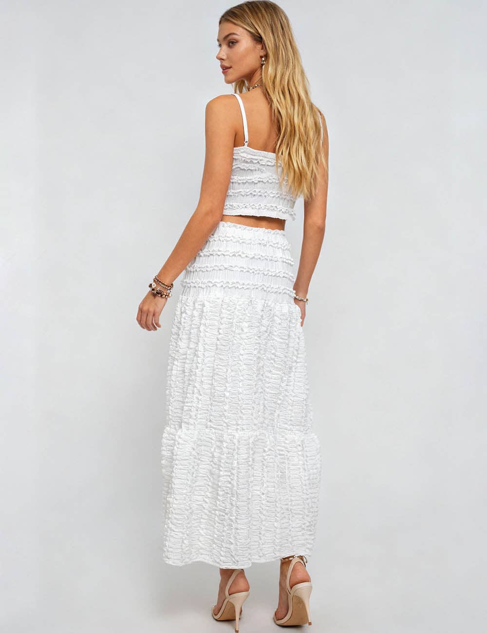 Ladies Romantic Wrinkle Ruffle Cami Top & Tiered Maxi Skirt Set: Apricot / L