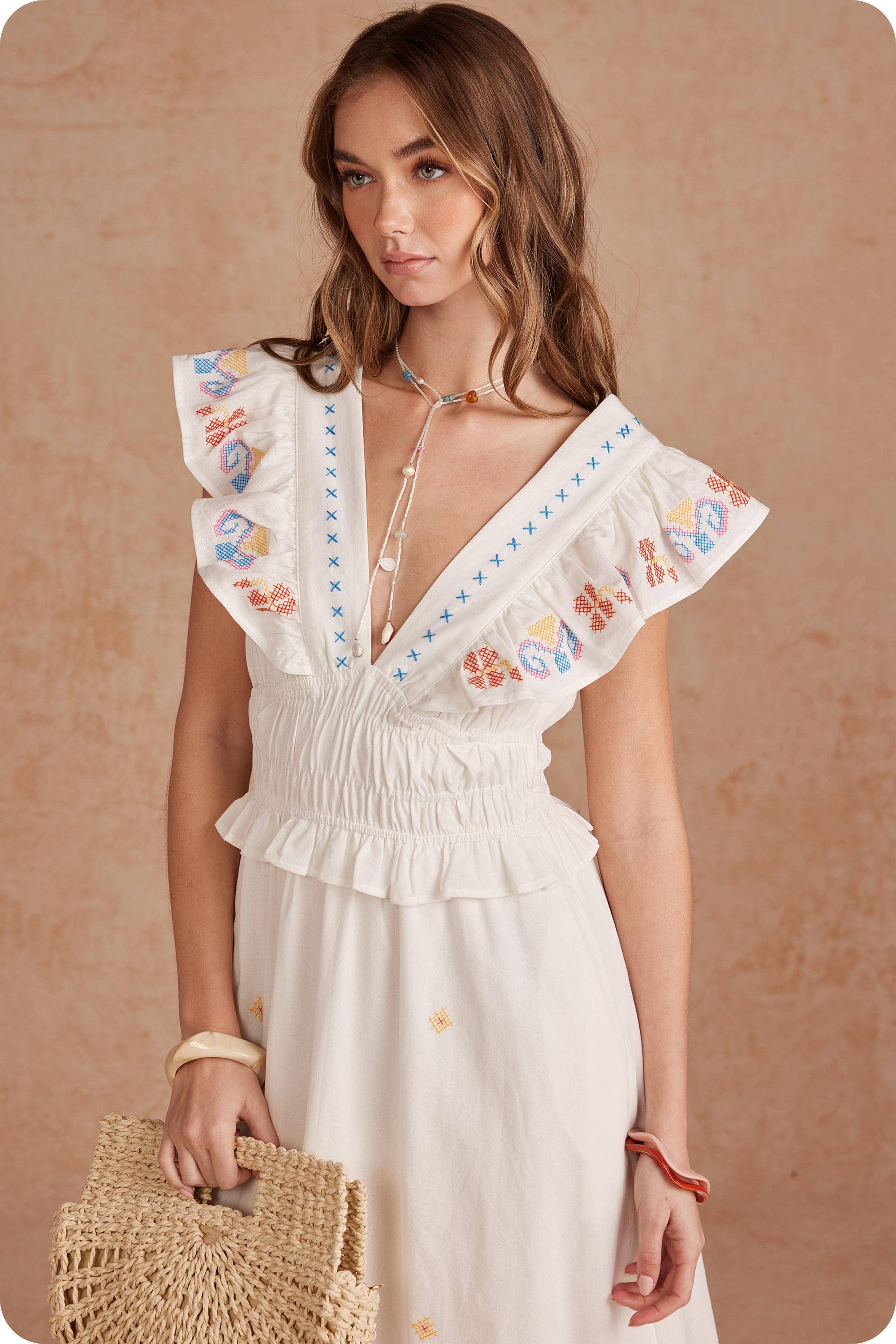 Cross-Stitch Embroidered Flutter Sleeve Midi Dress