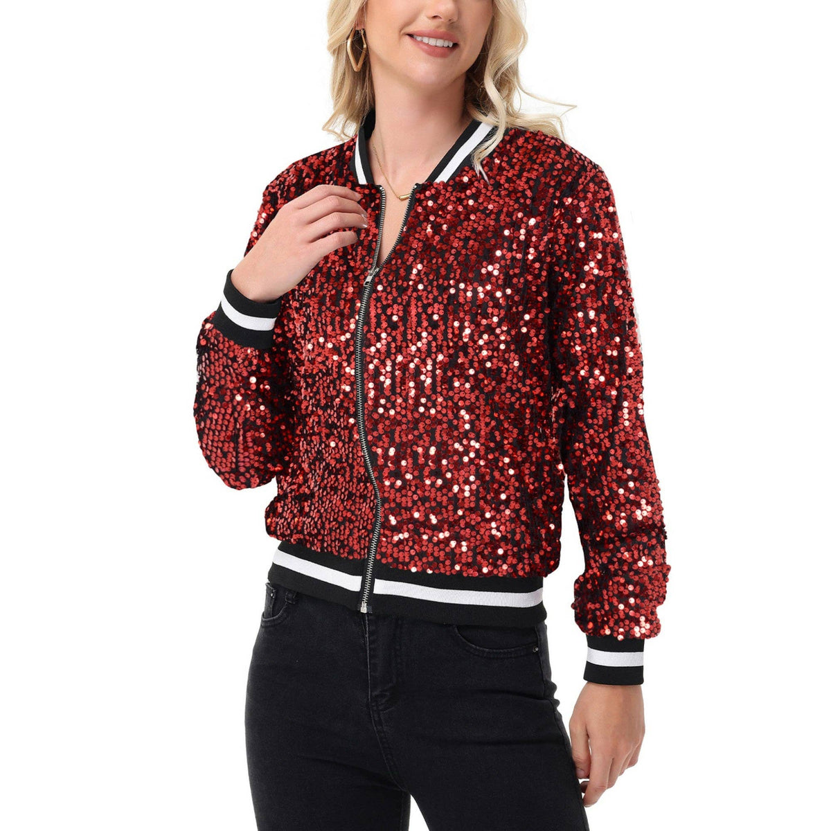 Game Day Sequin Bomber Jacket with Ribbed Trim and Front Zip