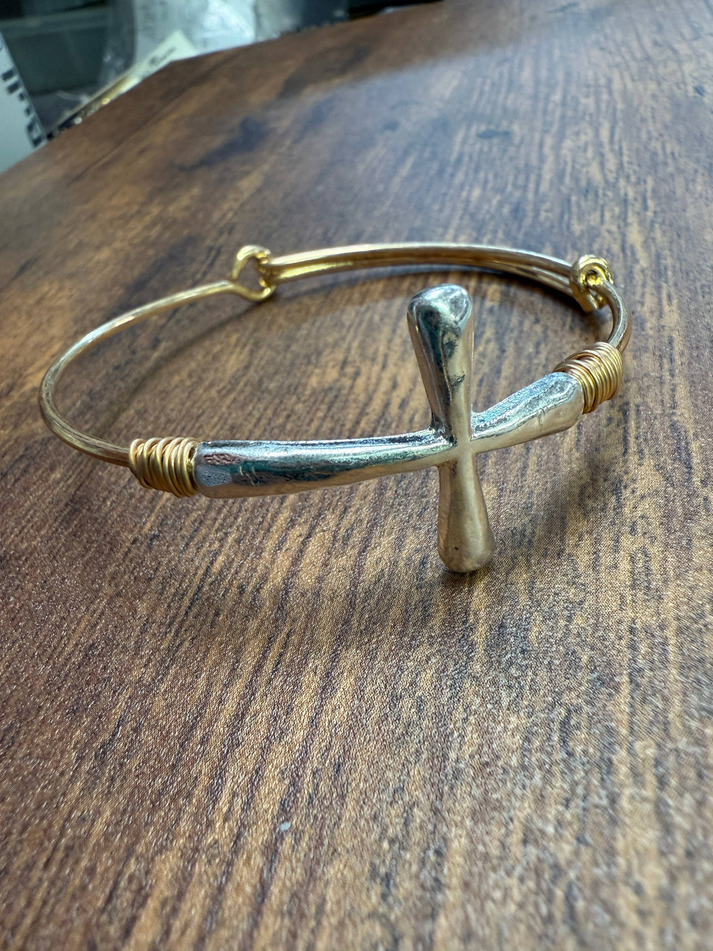 Two-tone Wire Wrapped Cross Bangle Bracelet