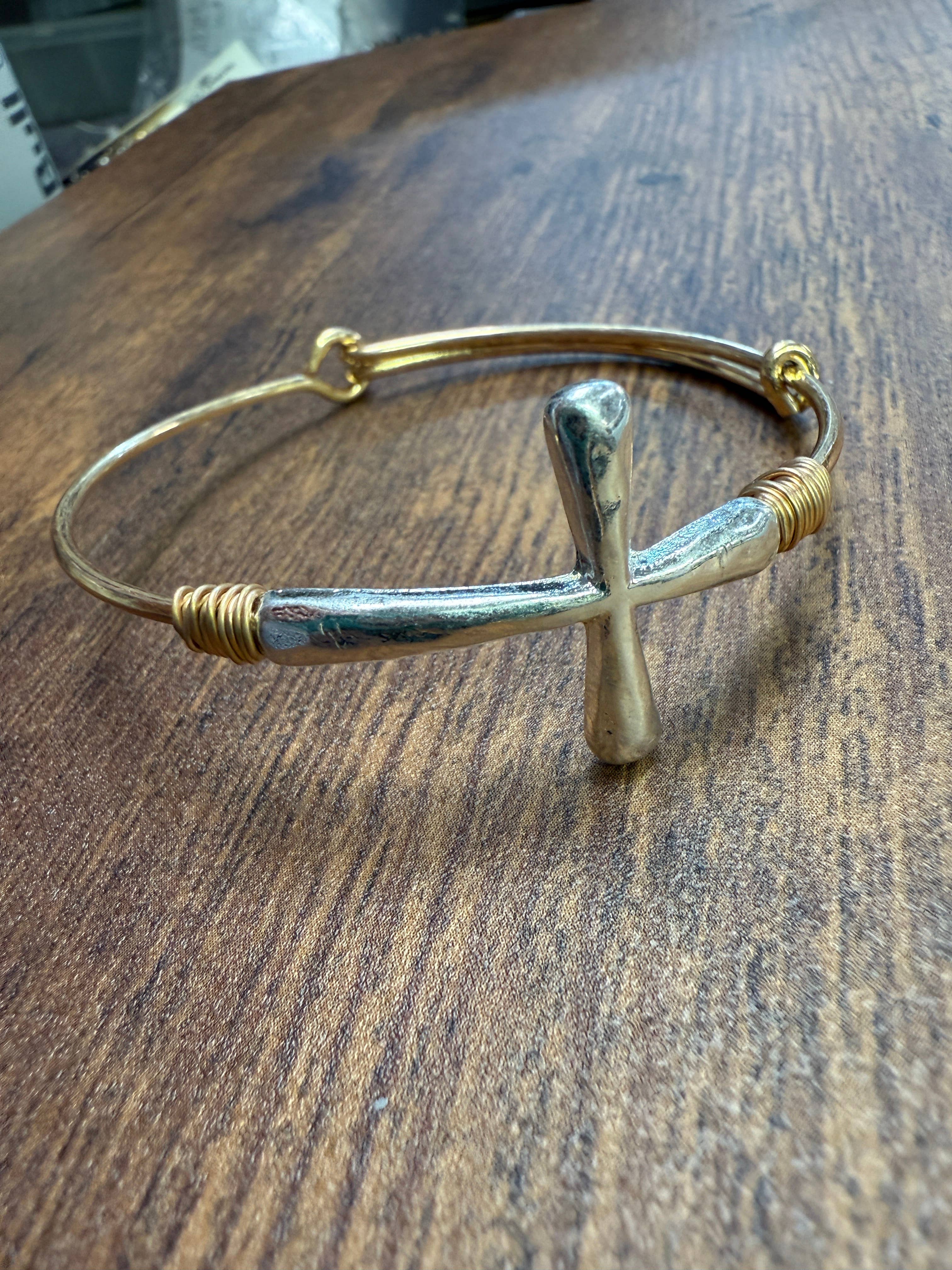 Two-tone Wire Wrapped Cross Bangle Bracelet