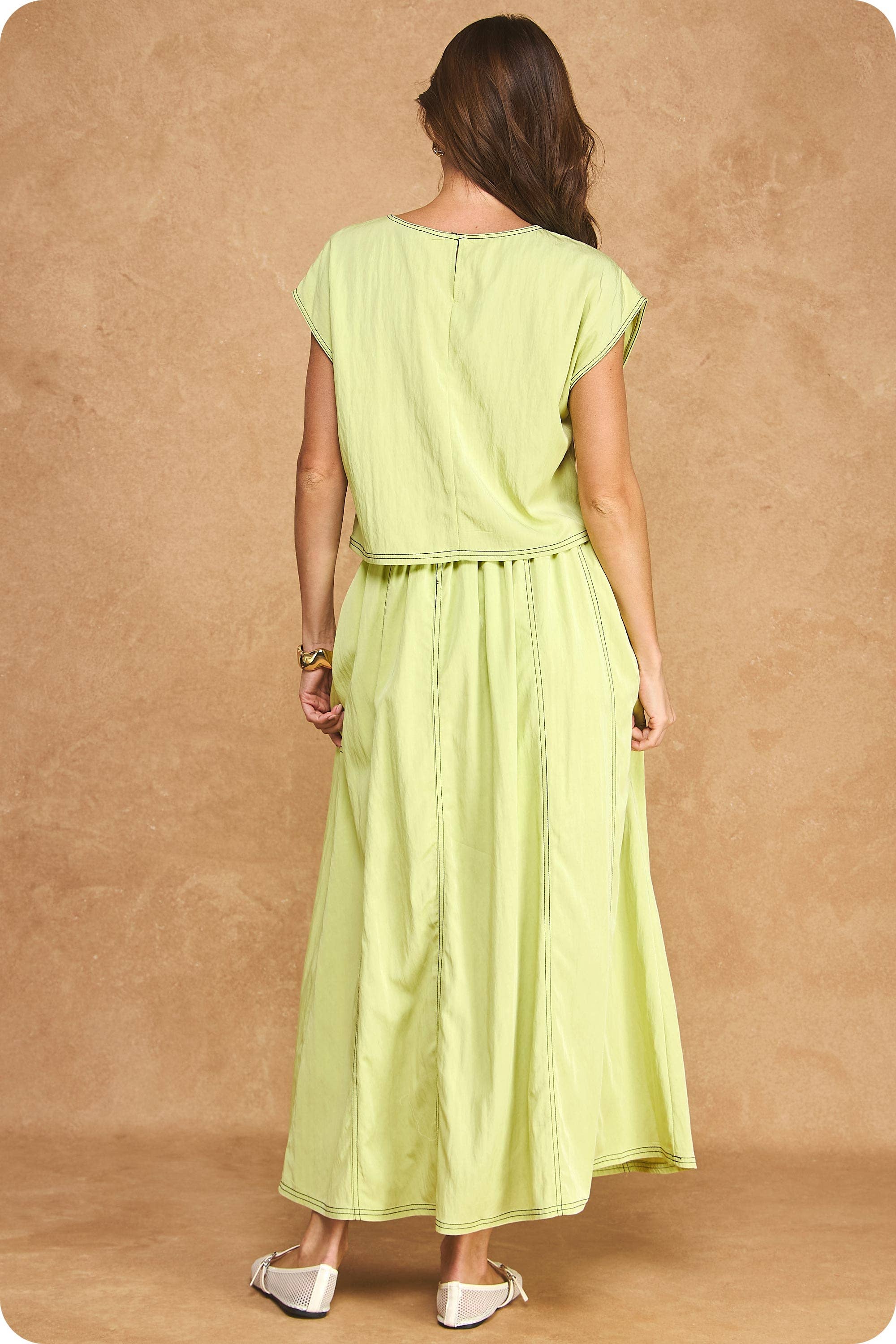 Top Stitch Cap Sleeve Top & Midi Skirt 2-Piece Set