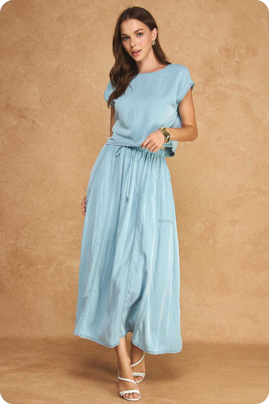 Top Stitch Cap Sleeve Top & Midi Skirt 2-Piece Set