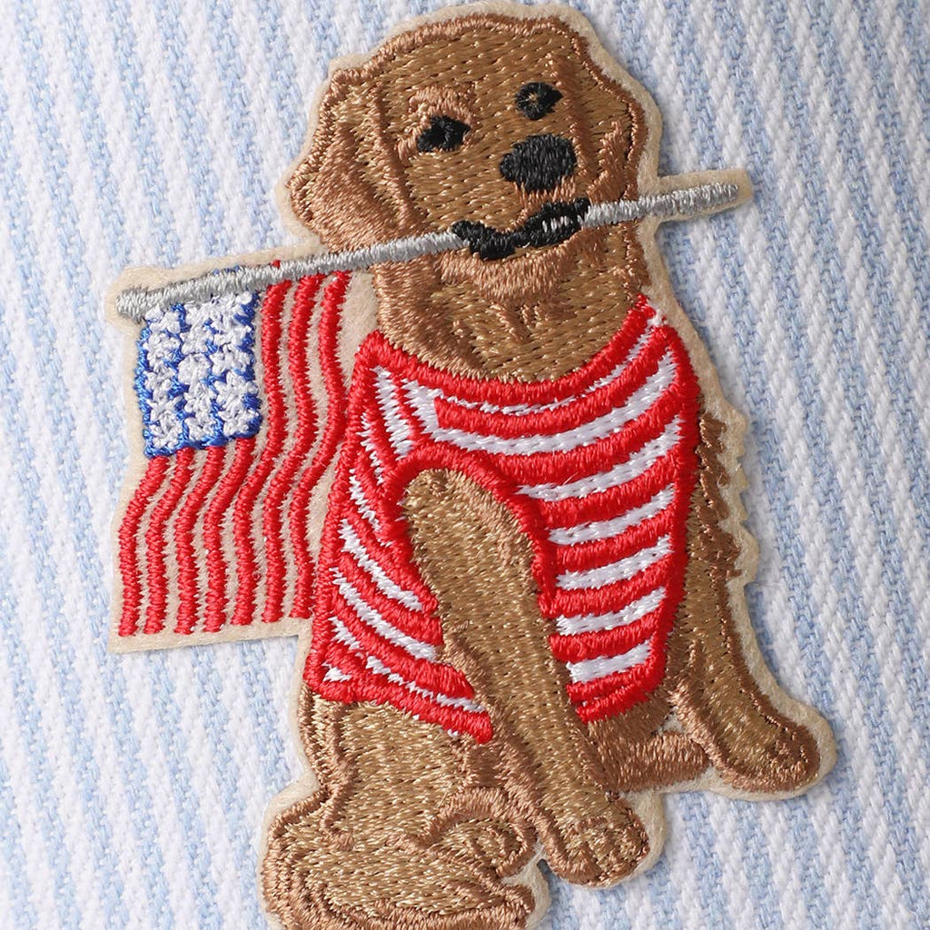 Dog Sitting Holding USA Flag Patch Seersucker Trucker Hat