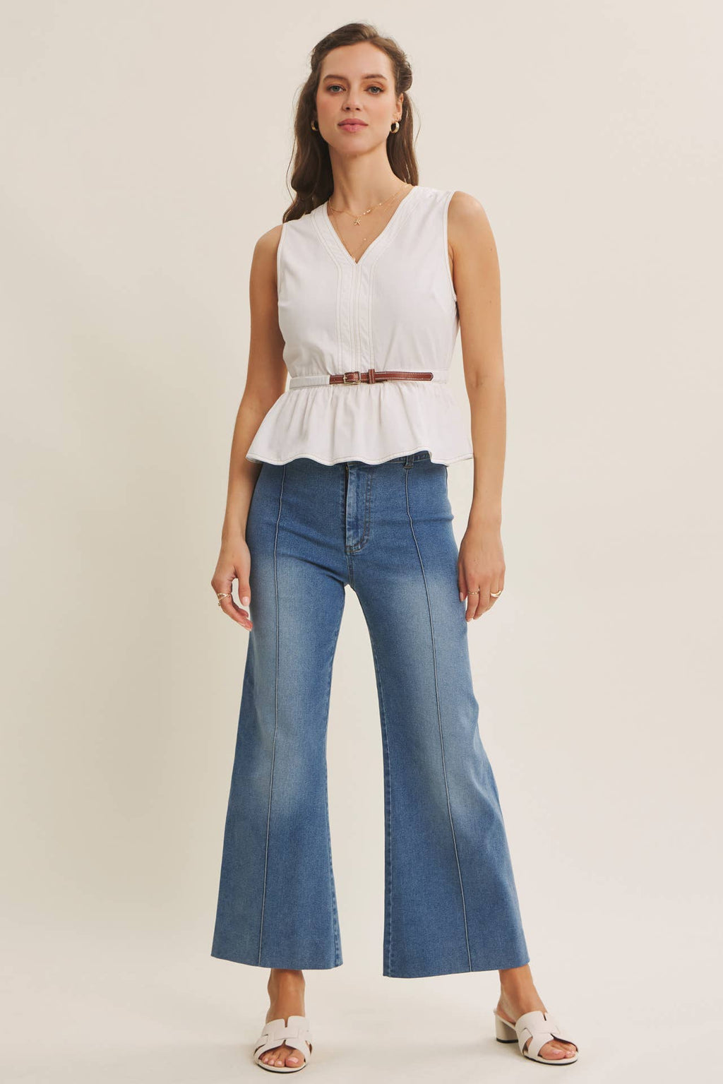 STRETCHY PINTUCK ANKLE LENGTH WIDE-LEG DENIM PANTS