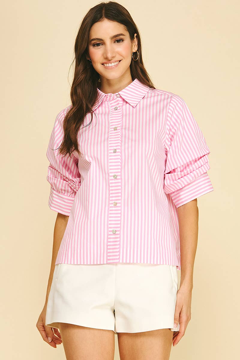 RUCHED SLEEVE STRIPED BUTTON DOWN SHIRT - 7061T