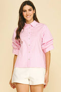 RUCHED SLEEVE STRIPED BUTTON DOWN SHIRT - 7061T