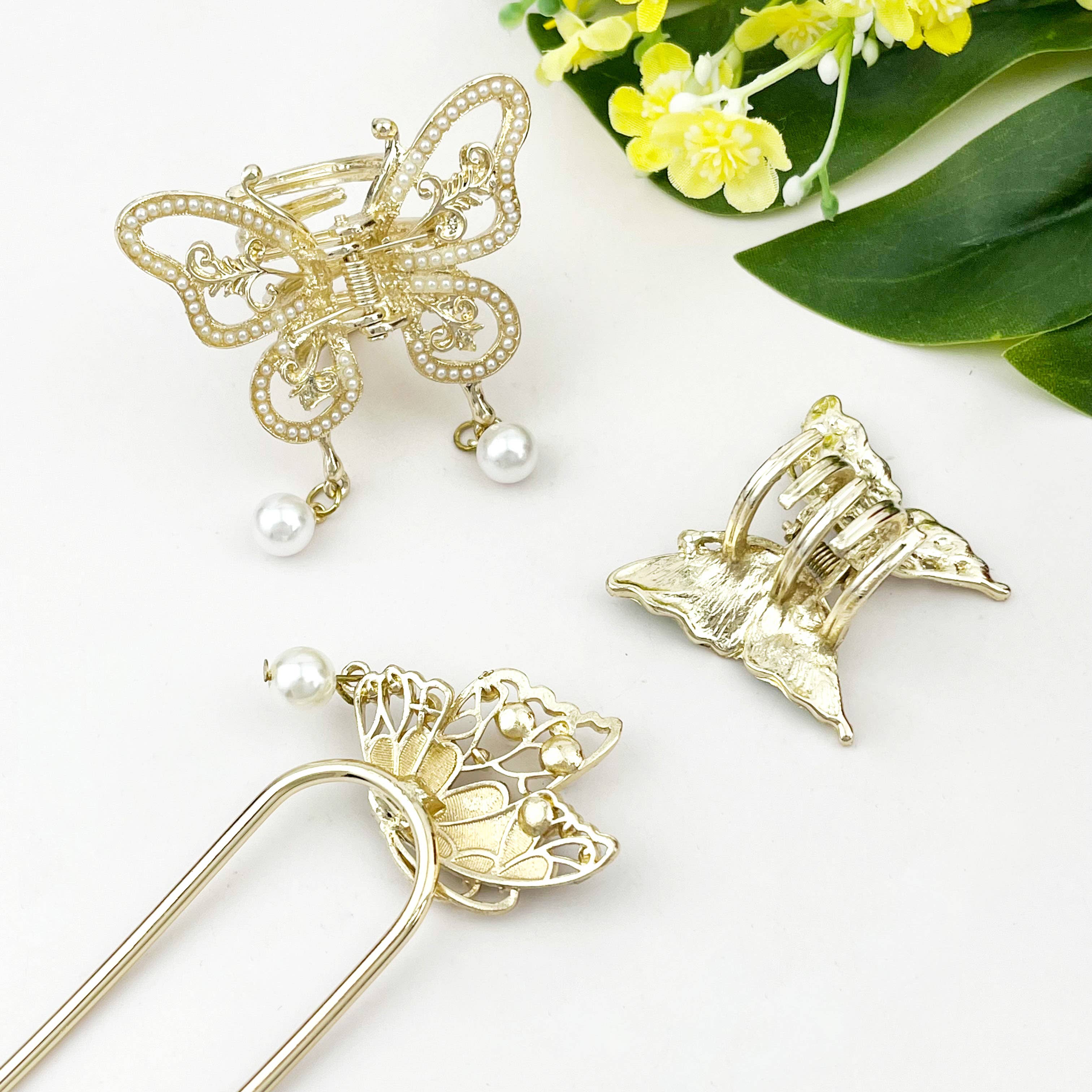 Pearl Butterfly Hair Accessory, Metal Hair Claw & Hair Stick