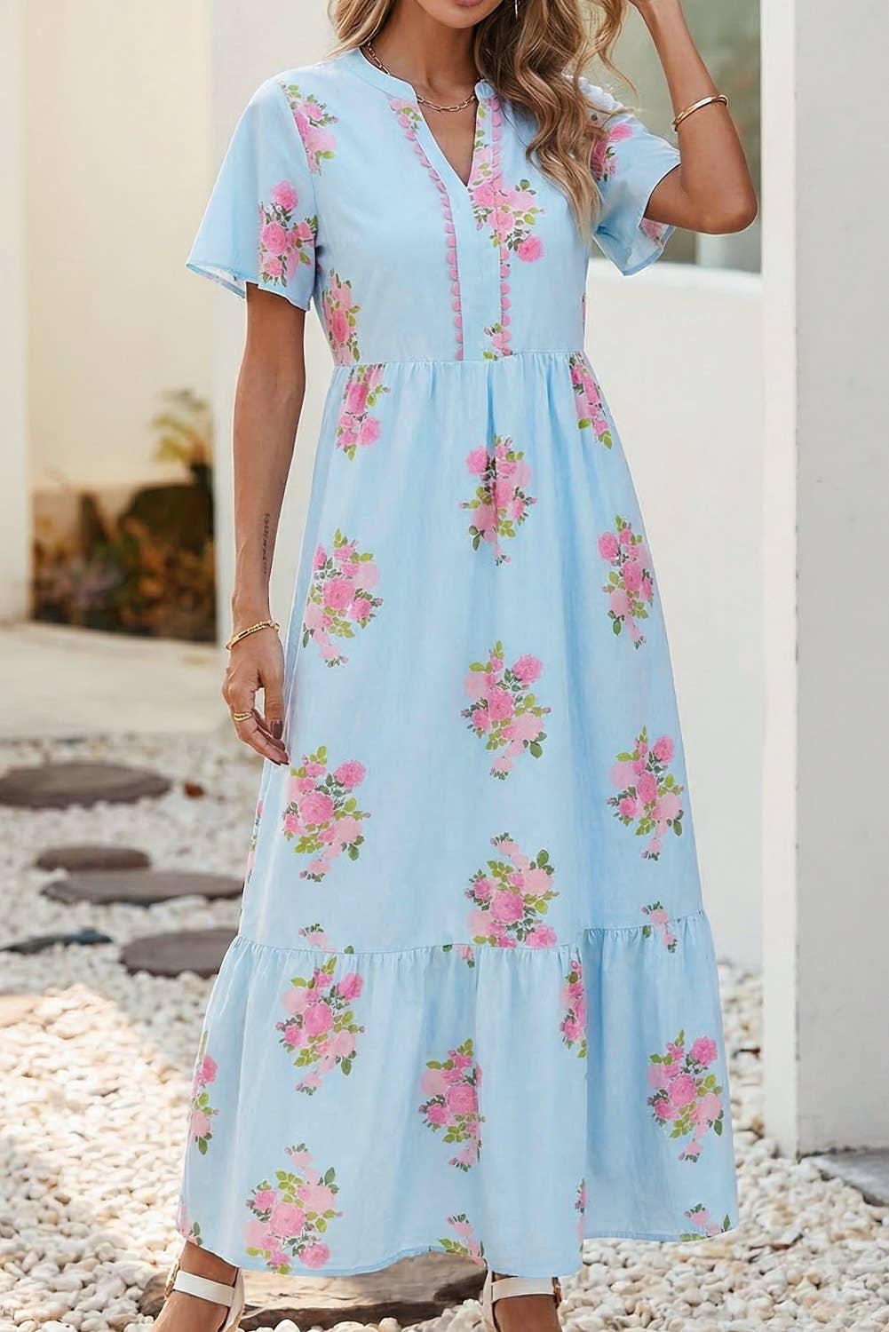 Spring 2026 Floral Ricrac Trim Notched Neck Maxi Dress|S-4X