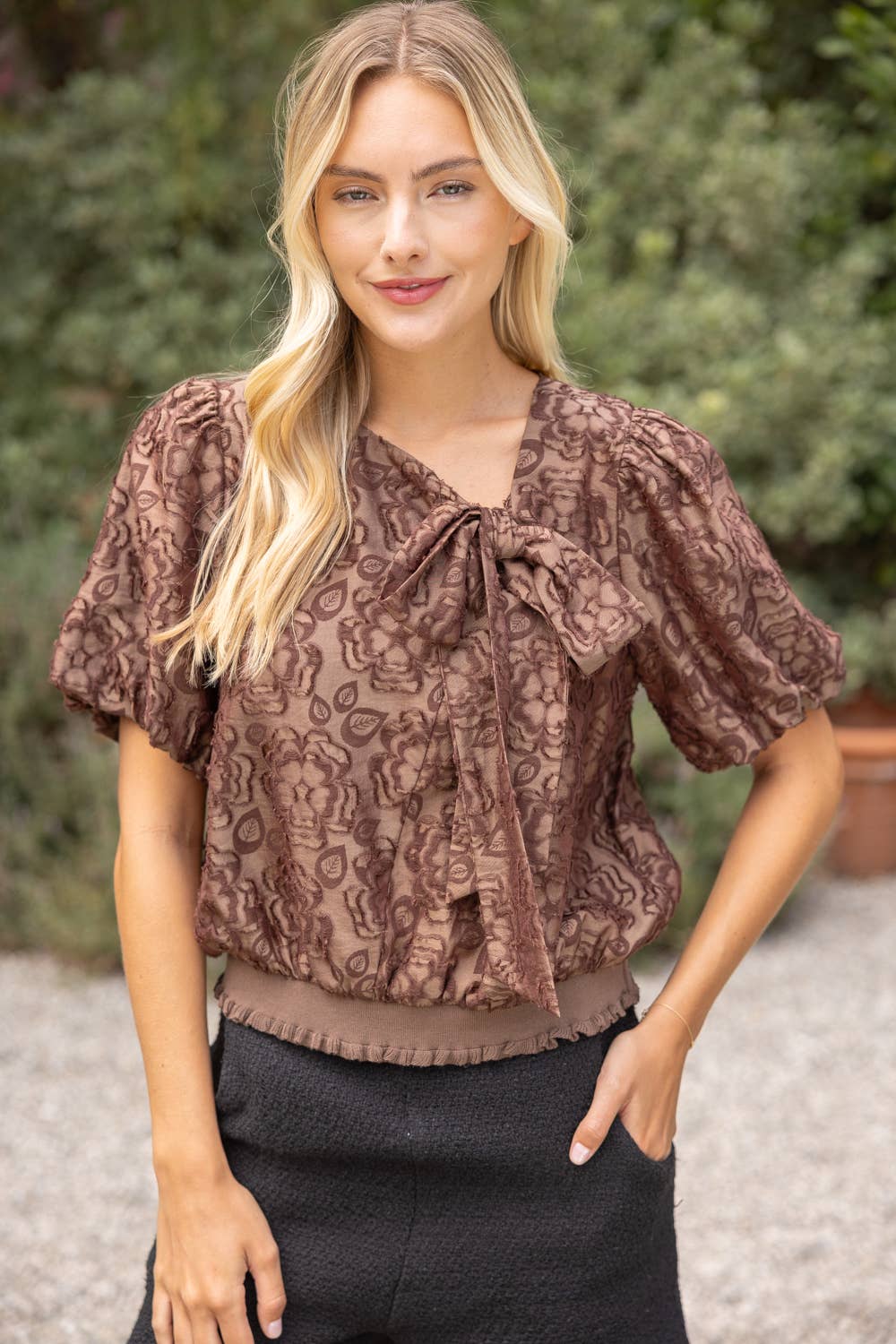 36917 Large Front Bow Detail Burn Out Floral Top