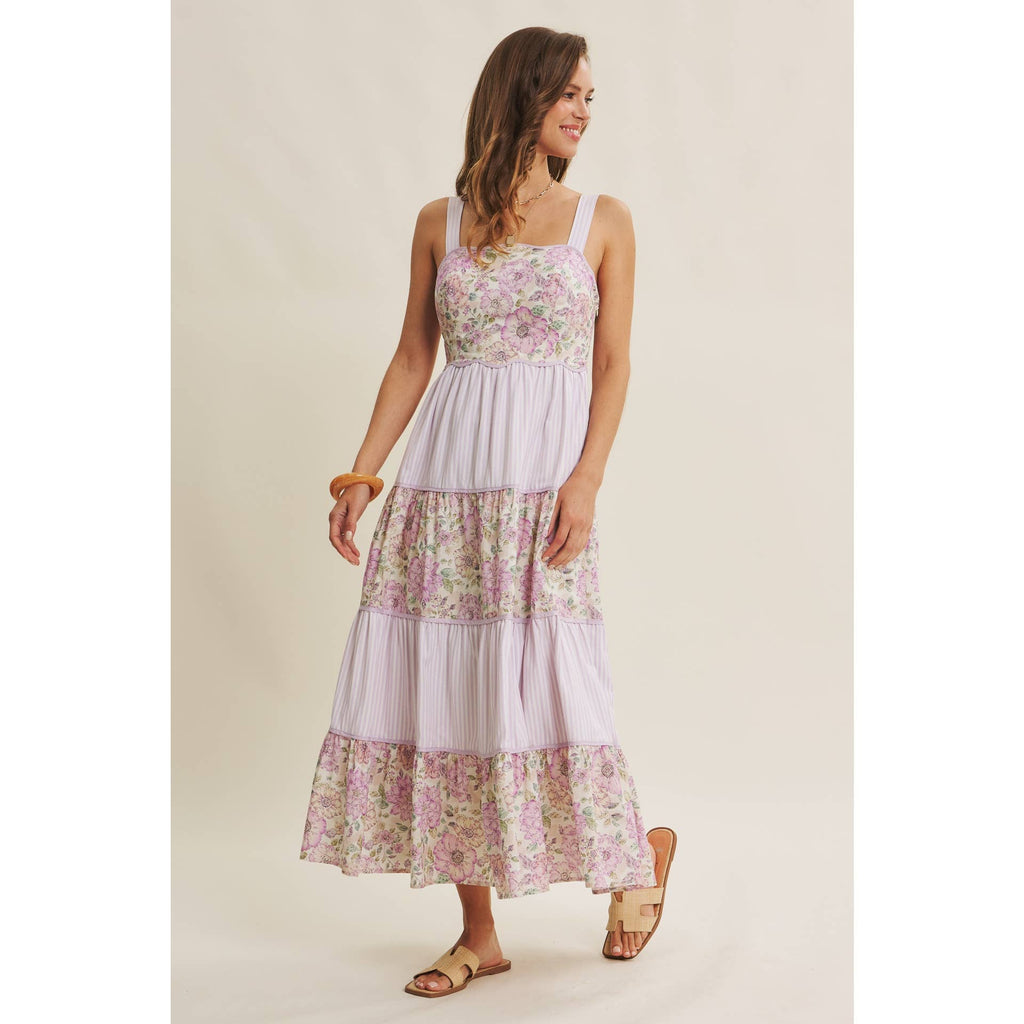 DREAMY IDEAL TIERED MIDI DRESS MIXED IN FLORALS AND STRIPES
