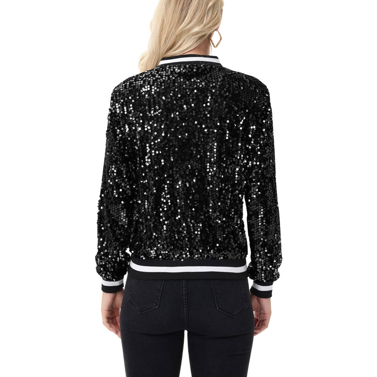 Game Day Sequin Bomber Jacket with Ribbed Trim and Front Zip