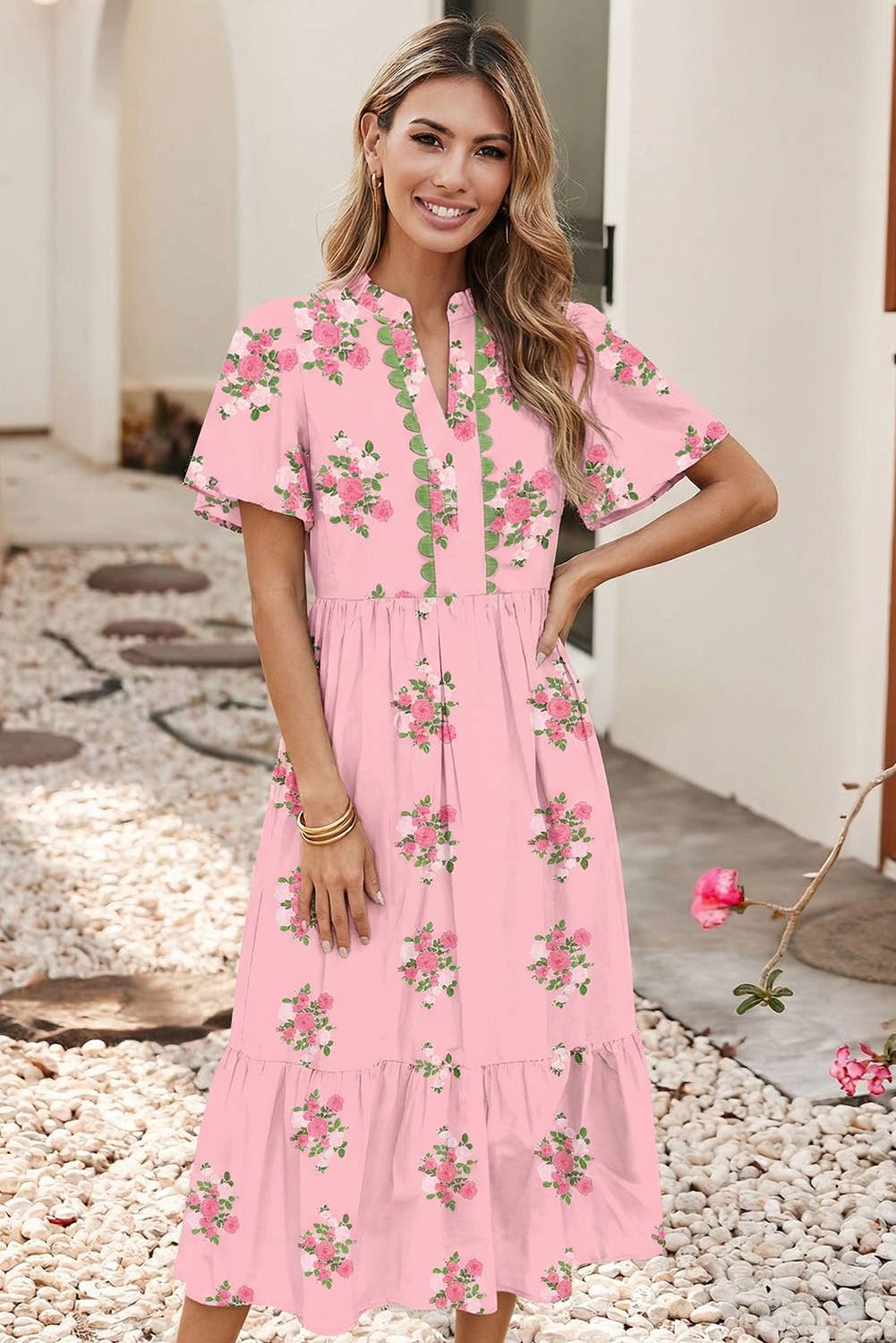 Spring 2026 Floral Ricrac Trim Notched Neck Maxi Dress|S-4X