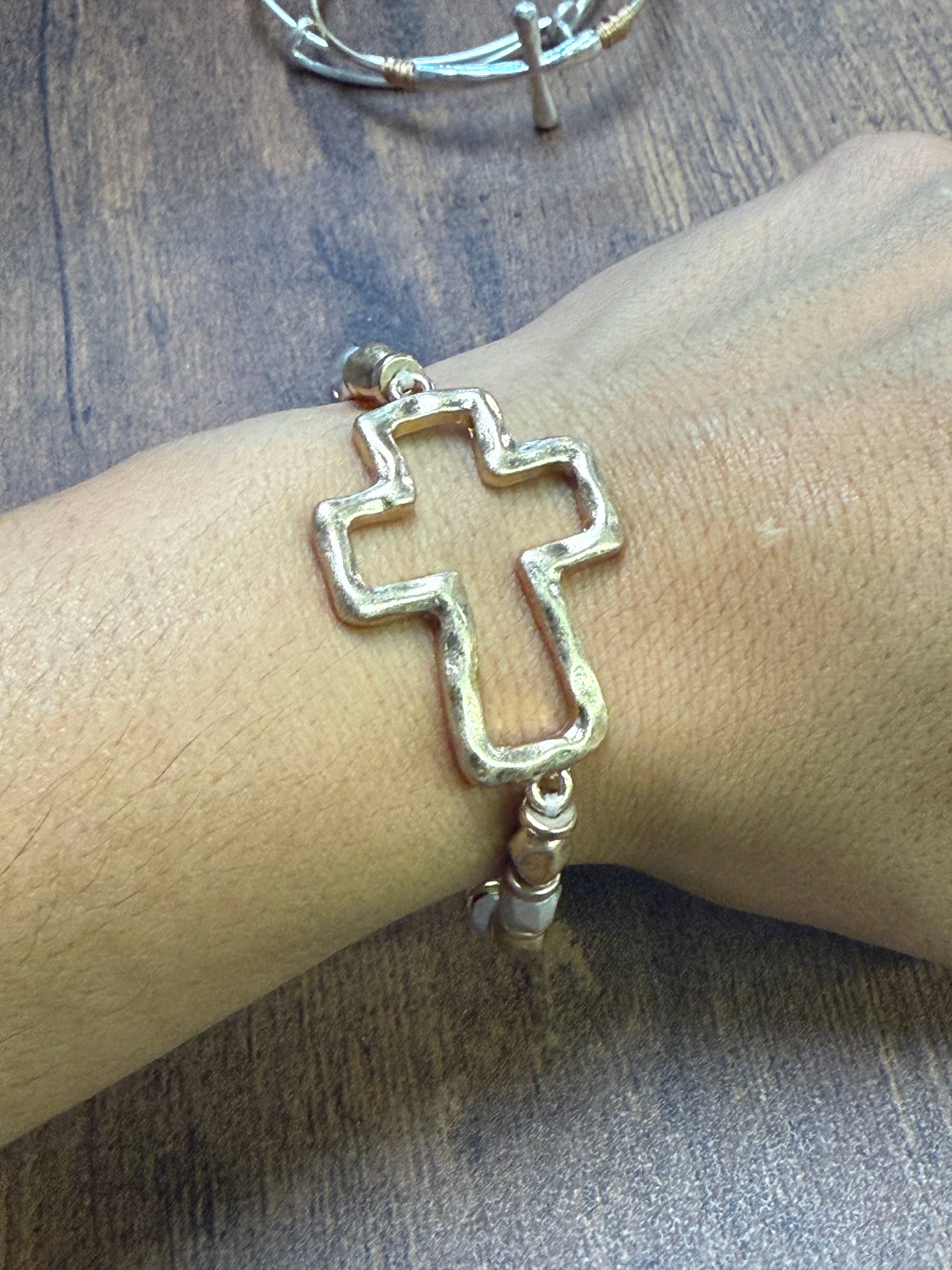 Gold or Silver Hammered Cross Mixed Metal Stretch Bracelet