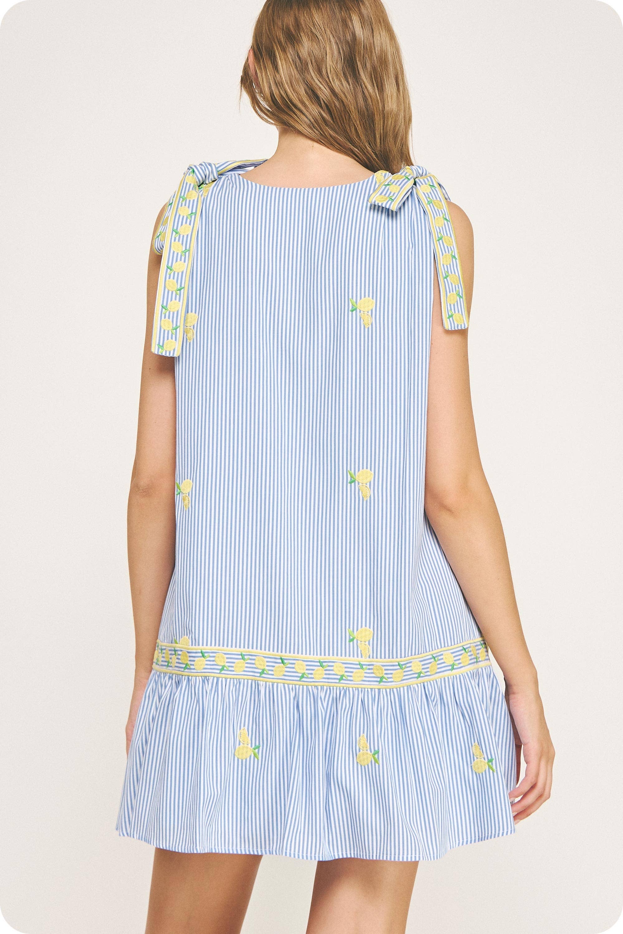 Lemon Embroidery Bow Strap Detail Stripe Mini Dress
