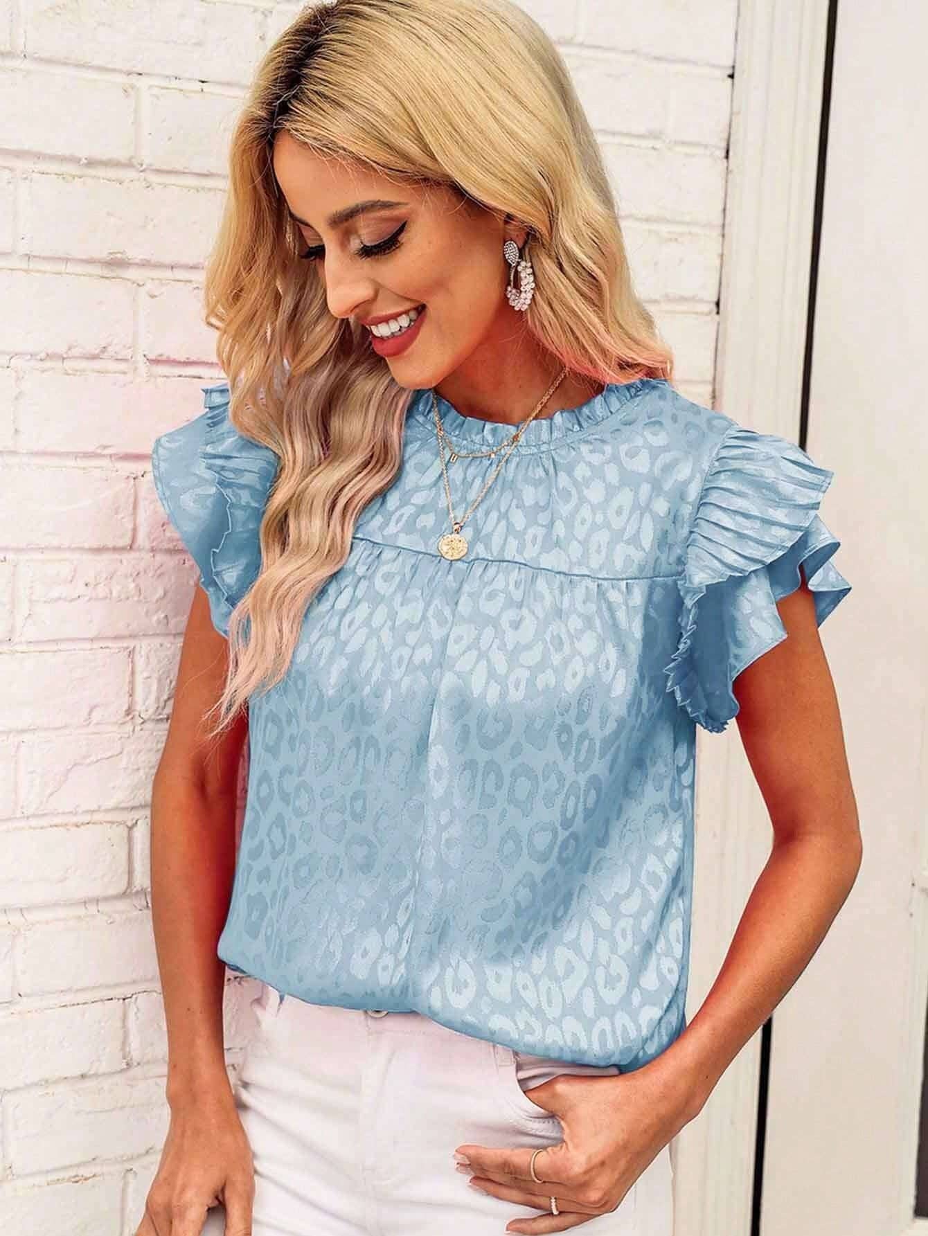 Women's Printed Lotus Leaf Sleeve Wavy Collar Top