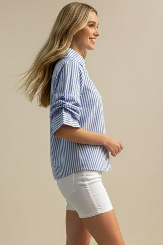 RUCHED SLEEVE STRIPED BUTTON DOWN SHIRT - 7061T