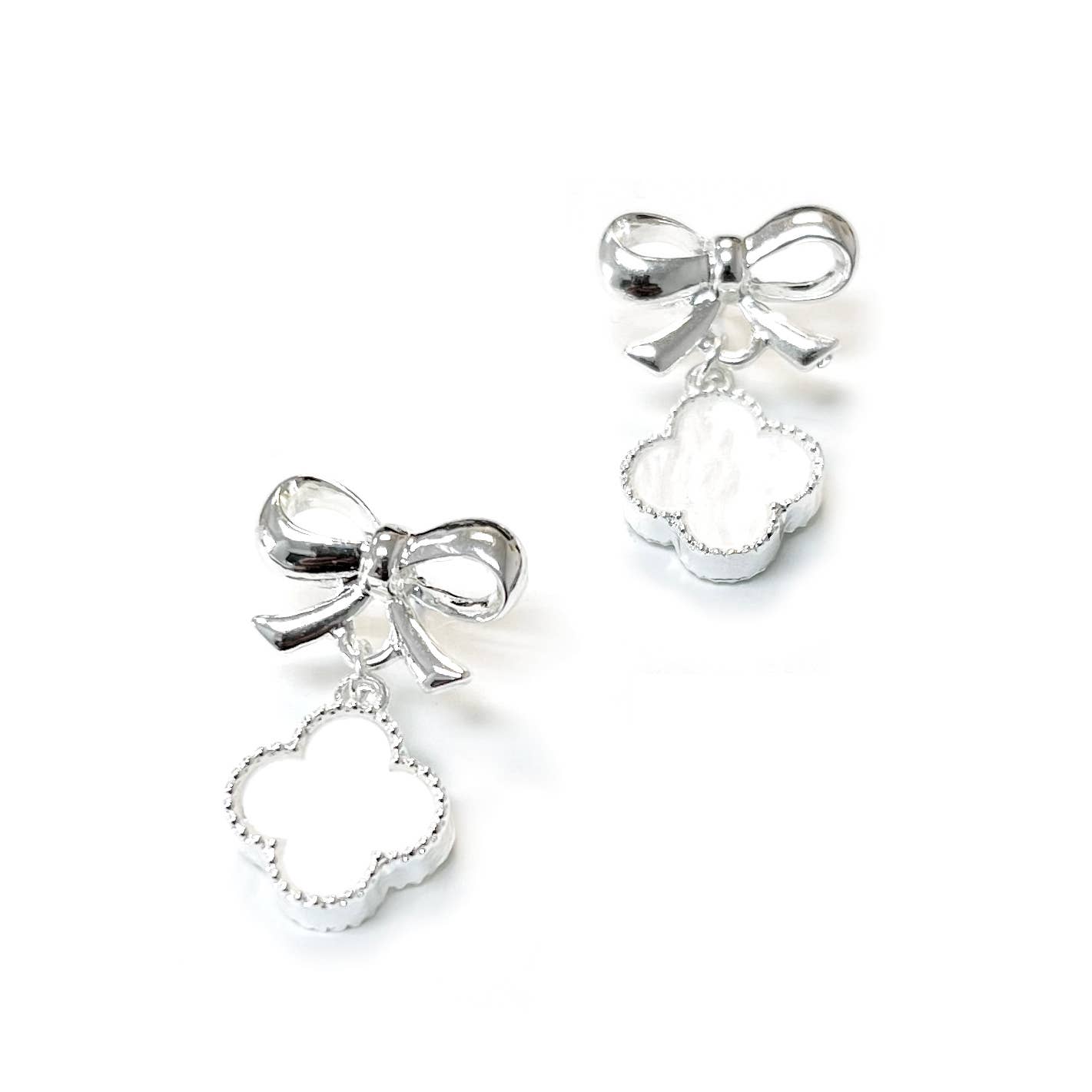 Mother of Pearl Clover Charm w/ Ribbon Dangle Stud Earrings