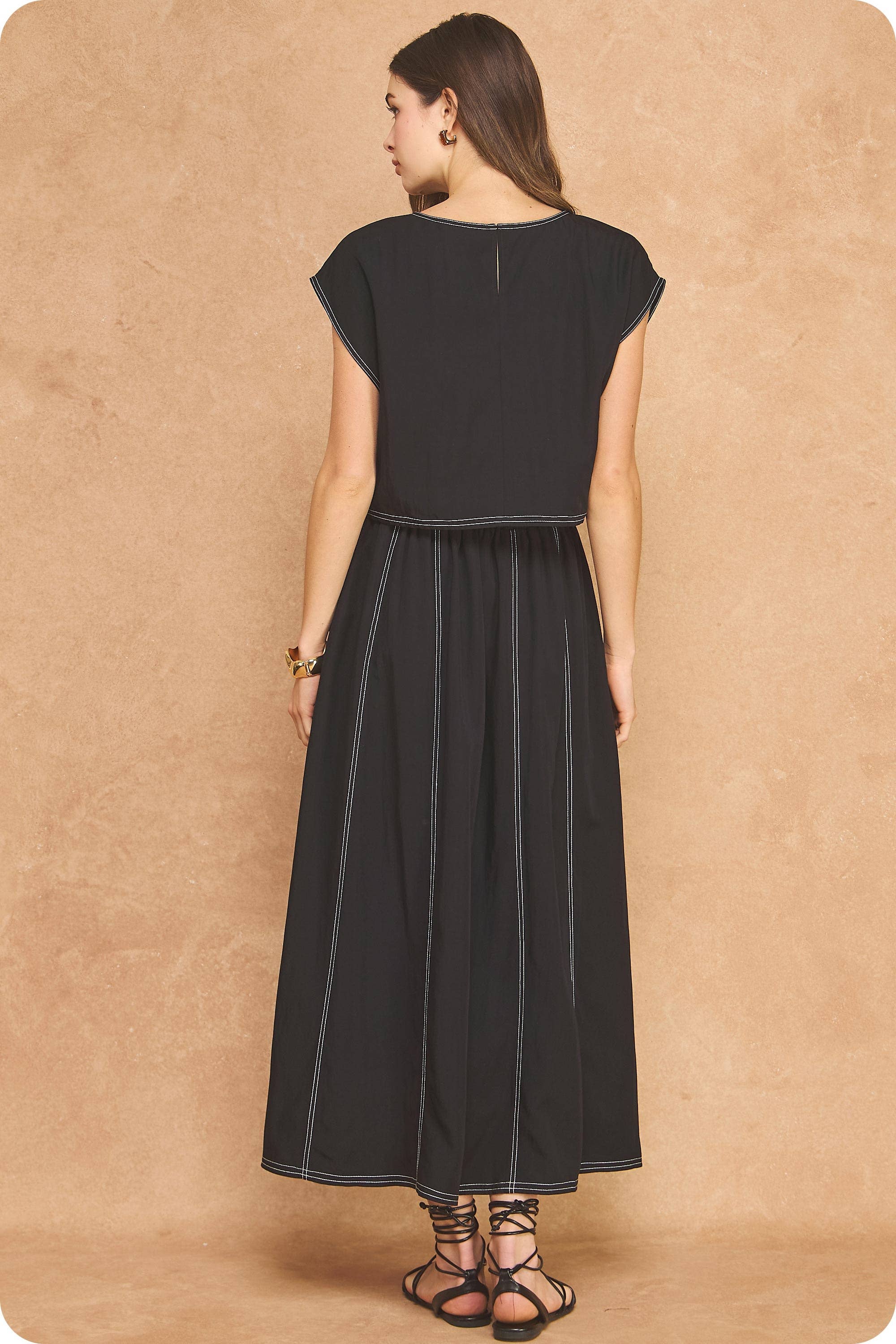 Top Stitch Cap Sleeve Top & Midi Skirt 2-Piece Set