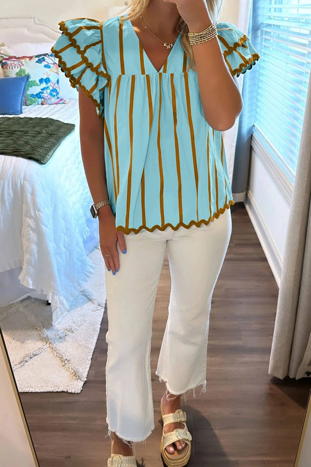 Striped V Neck Flutter Sleeve Blouse Casual Loose Top