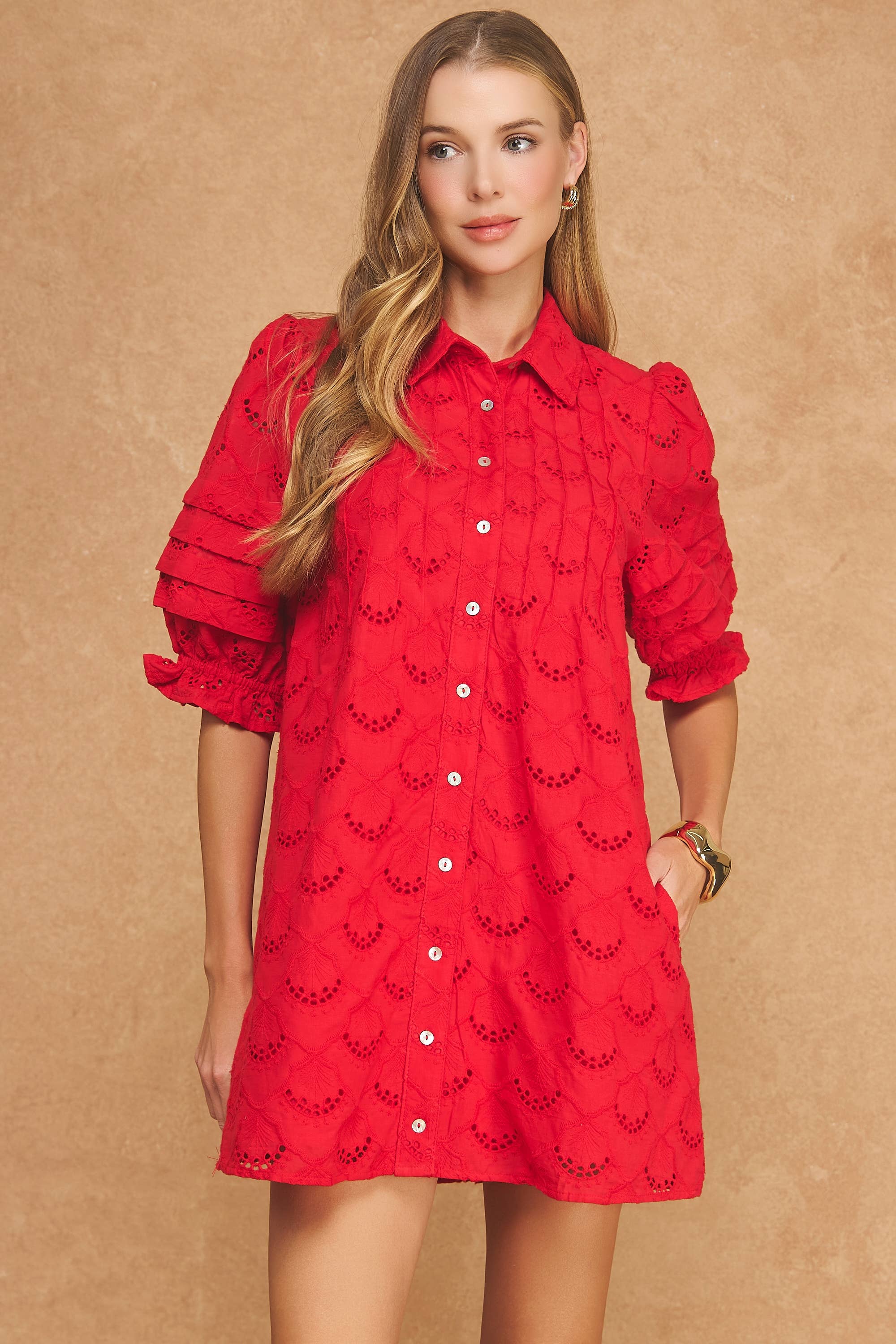 Pintuck Scalloped Eyelet Puff Sleeve Mini Shirt Dress