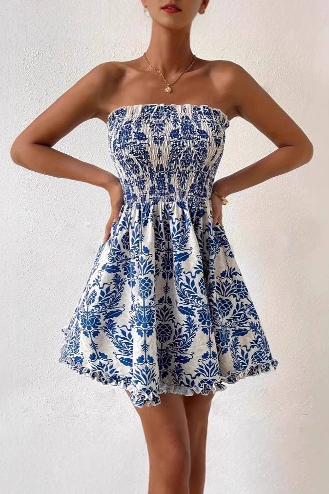 Vacation Paisley Floral Smocked strapless dress in blue