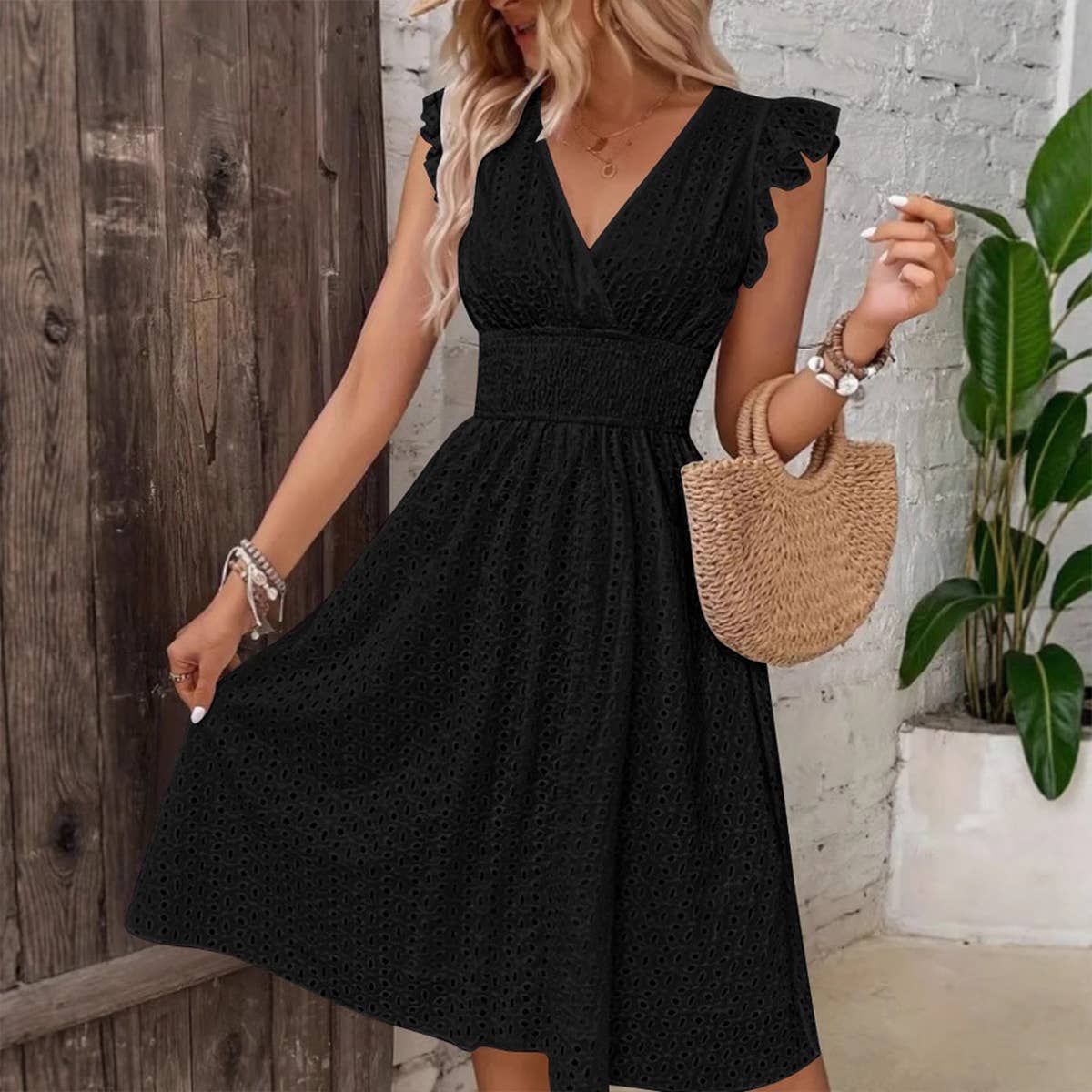 V-neck hollowed-out floral cinched-waist dress