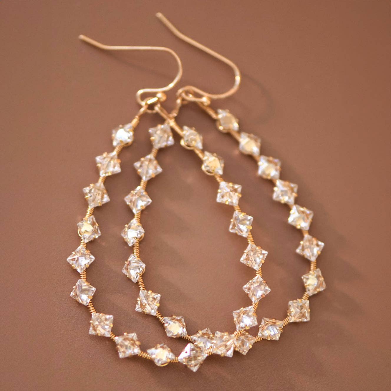 Wire Wrapped Zircon Crystal Teardrop Earrings - 7283