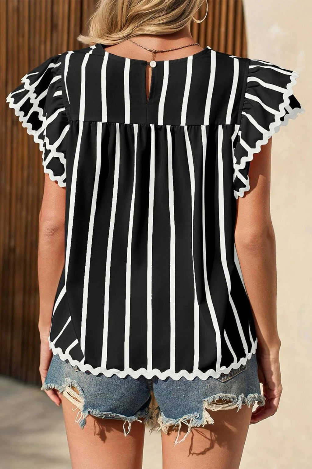 Striped V Neck Flutter Sleeve Blouse Casual Loose Top