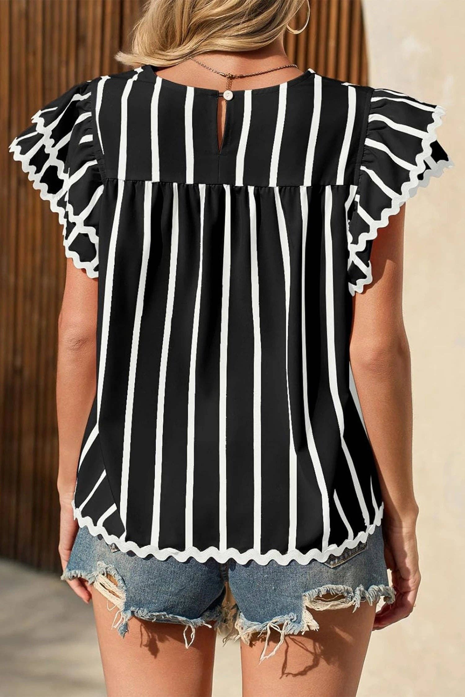 Striped V Neck Flutter Sleeve Blouse Casual Loose Top