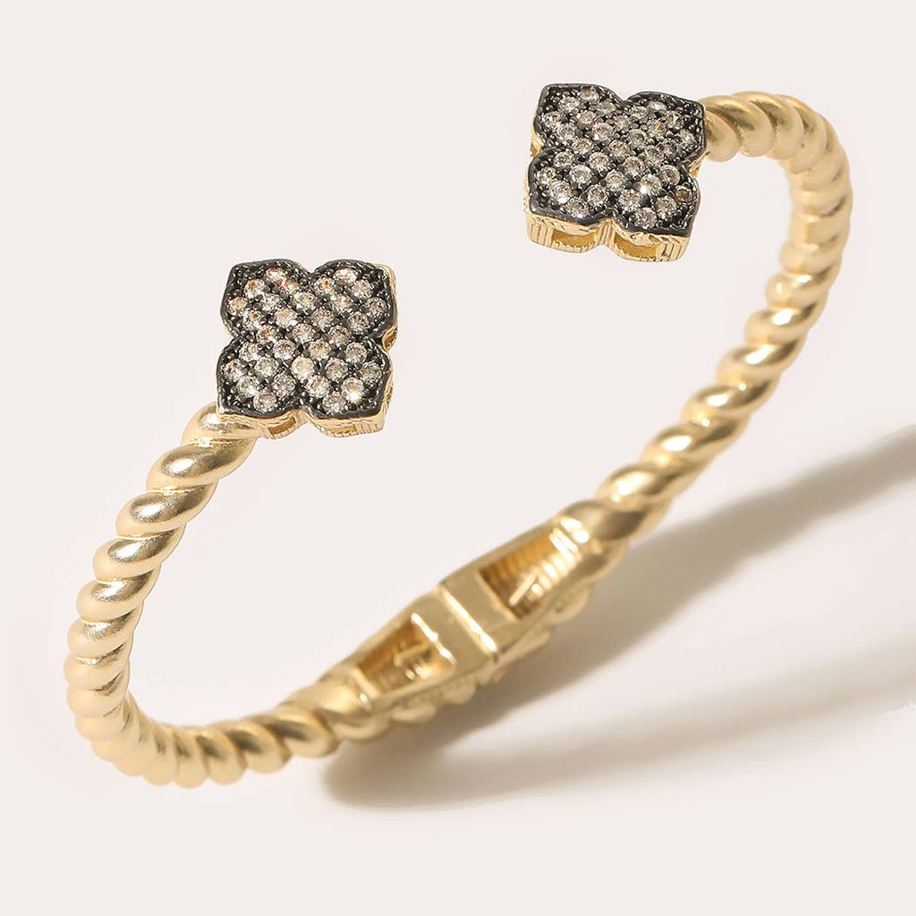Matte Gold Hematite CZ Clover Open Cuff Bracelet