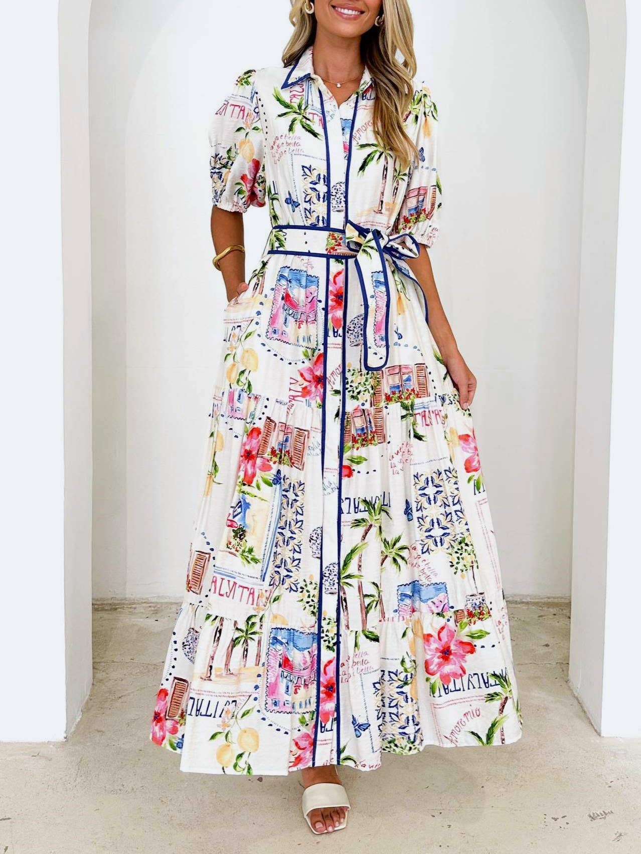 Summer Vibe Tropical Palm Belted Maxi Shirt Dress