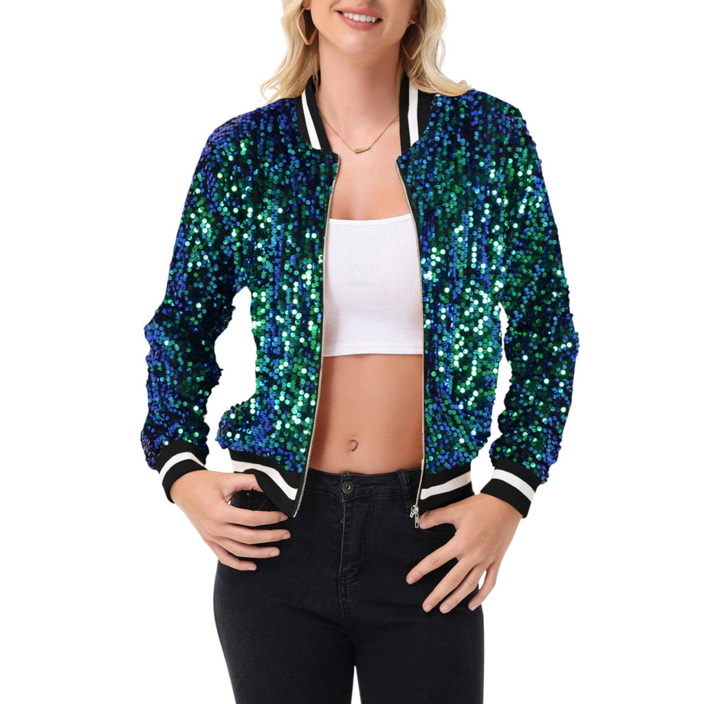 Game Day Sequin Bomber Jacket with Ribbed Trim and Front Zip