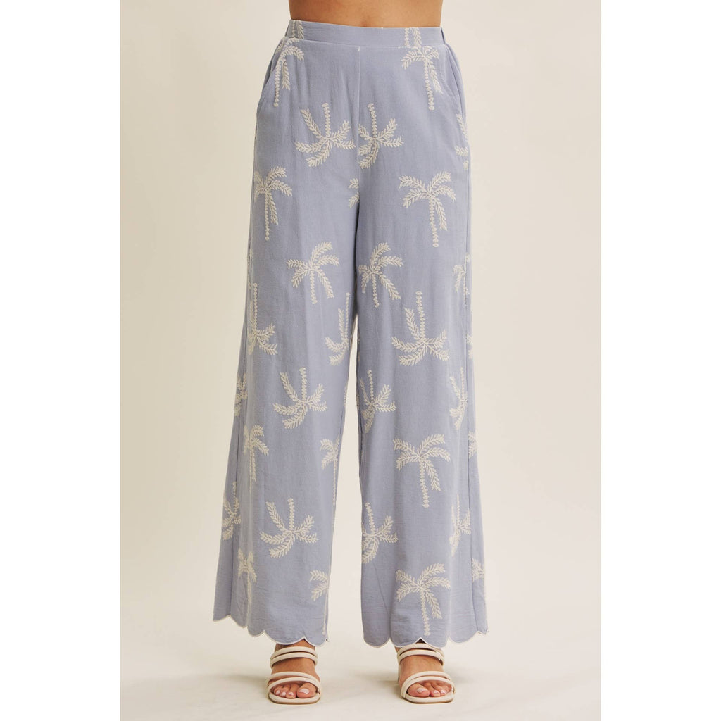 SUN-KISSED RESORT MOOD PALM TREE EMBROIDERED PANTS