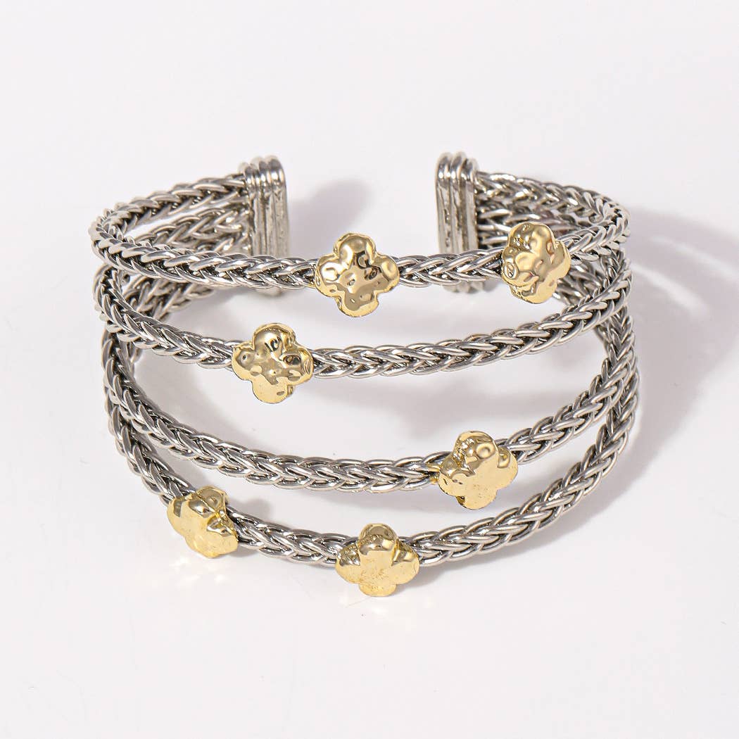 4 Layered Two-Tone Clover Braided Cuff Bracelets