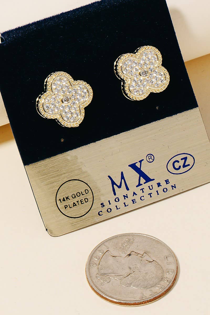 Gold Dipped Cz Pave Intricate Clover Stud Earrings