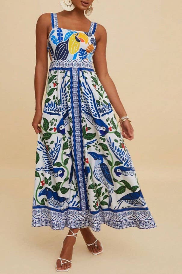 Boho Tropical Birdie Blue floral print strappy flare dress