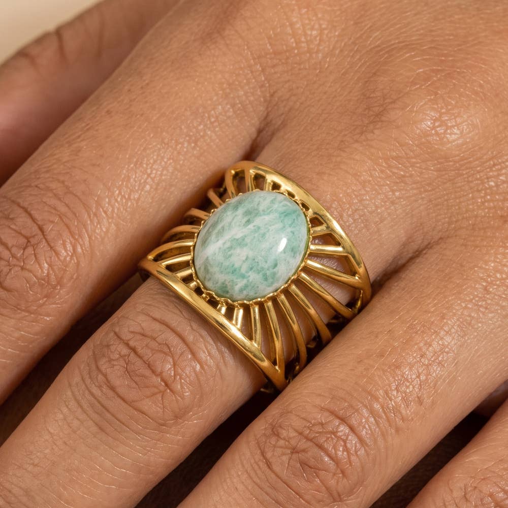 Oval Stone Sunburst Openwork Ring