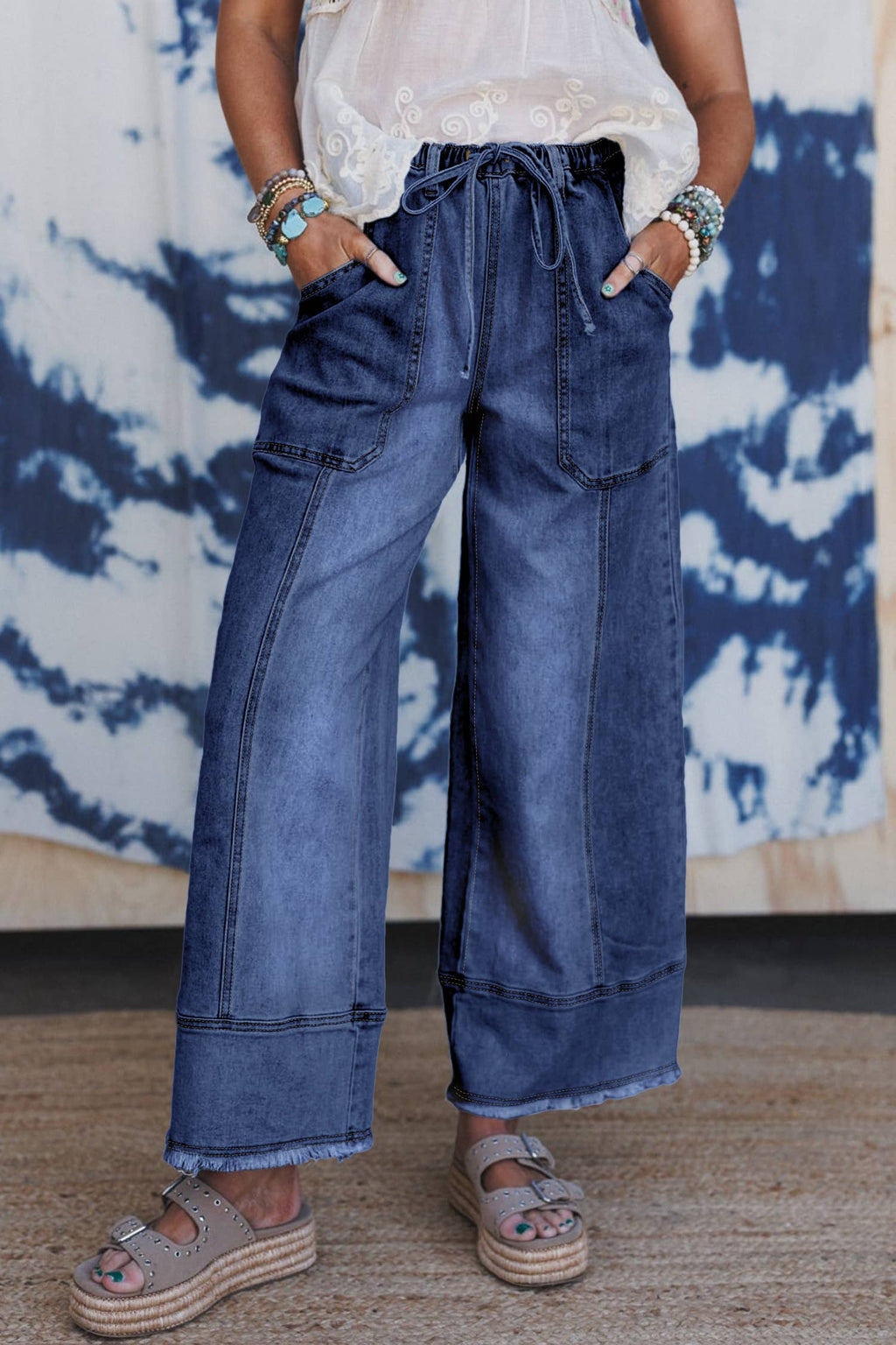 LDC Drawstring Seam Detail Raw Hem Wide Leg Denim Pants