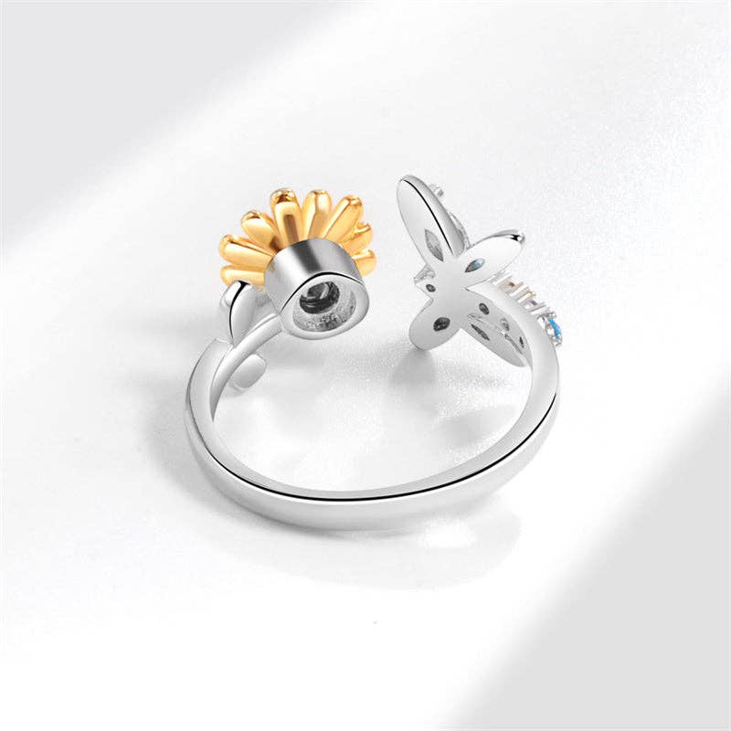 Gold Sunflower Dragonfly Fidget Spinner Ring in Solid Copper