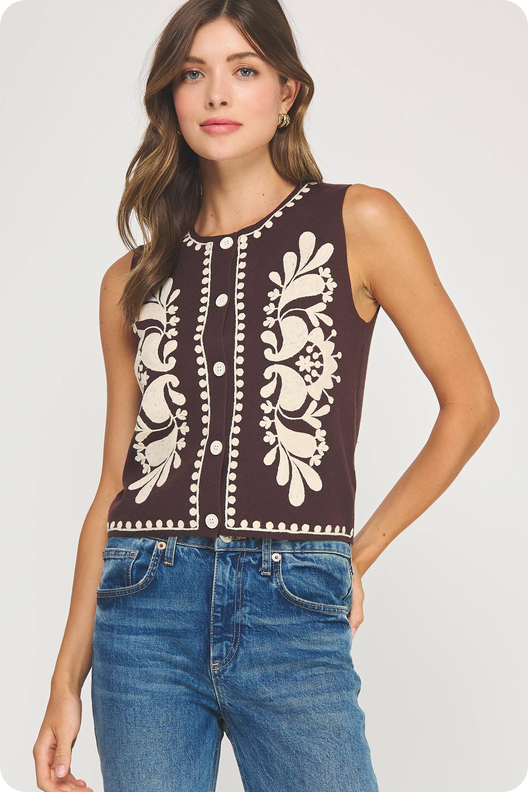 Embroidered Sleeveless Knitted Vest Top