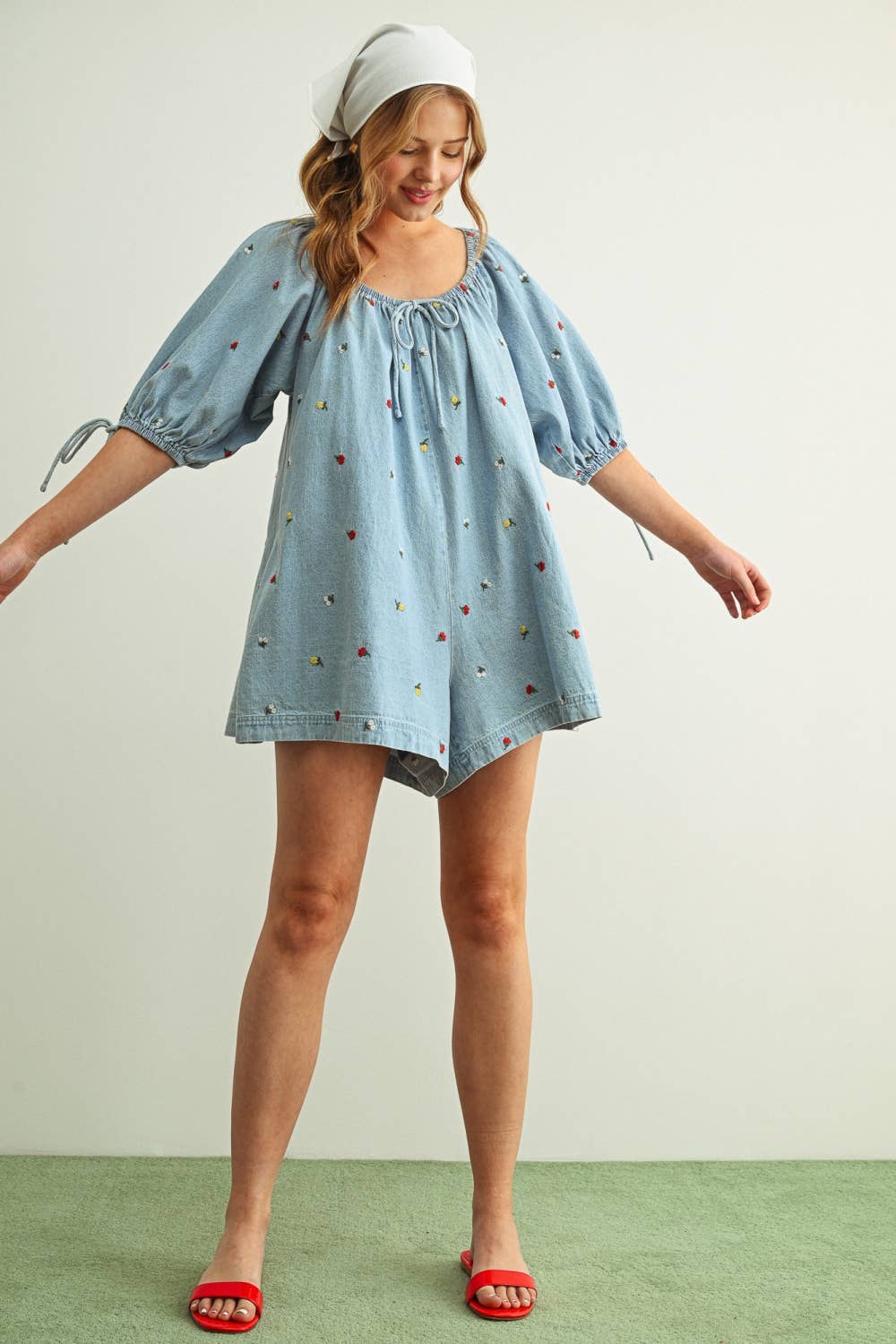 R5823   EMBROIDERED DENIM ROMPER WITH 3/4 SLEEVE