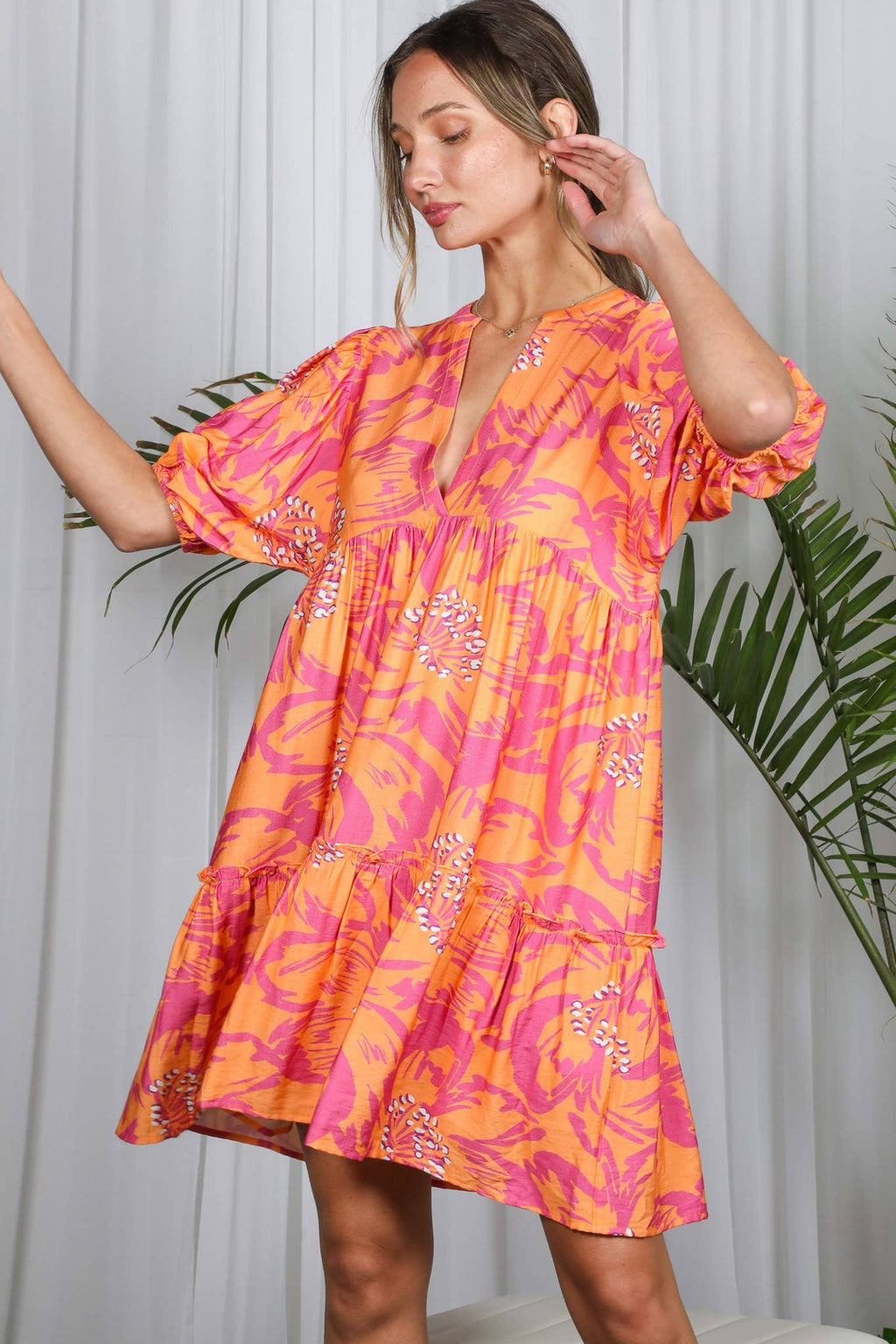 Floral Printed Tired Baby Doll Mini Dress VD82057F