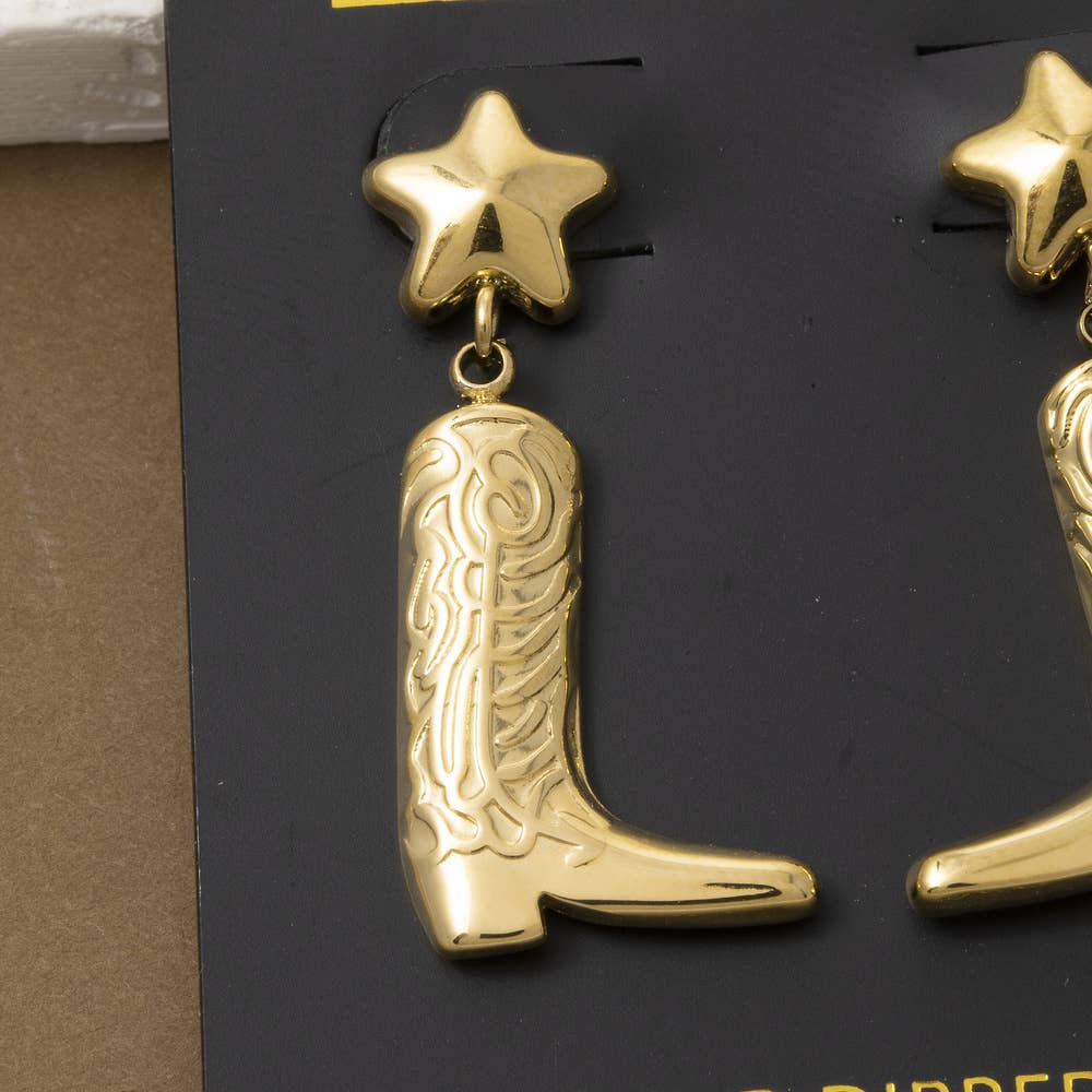 Gold Dipped Western Star And Cowboy Boot Drop Earrings