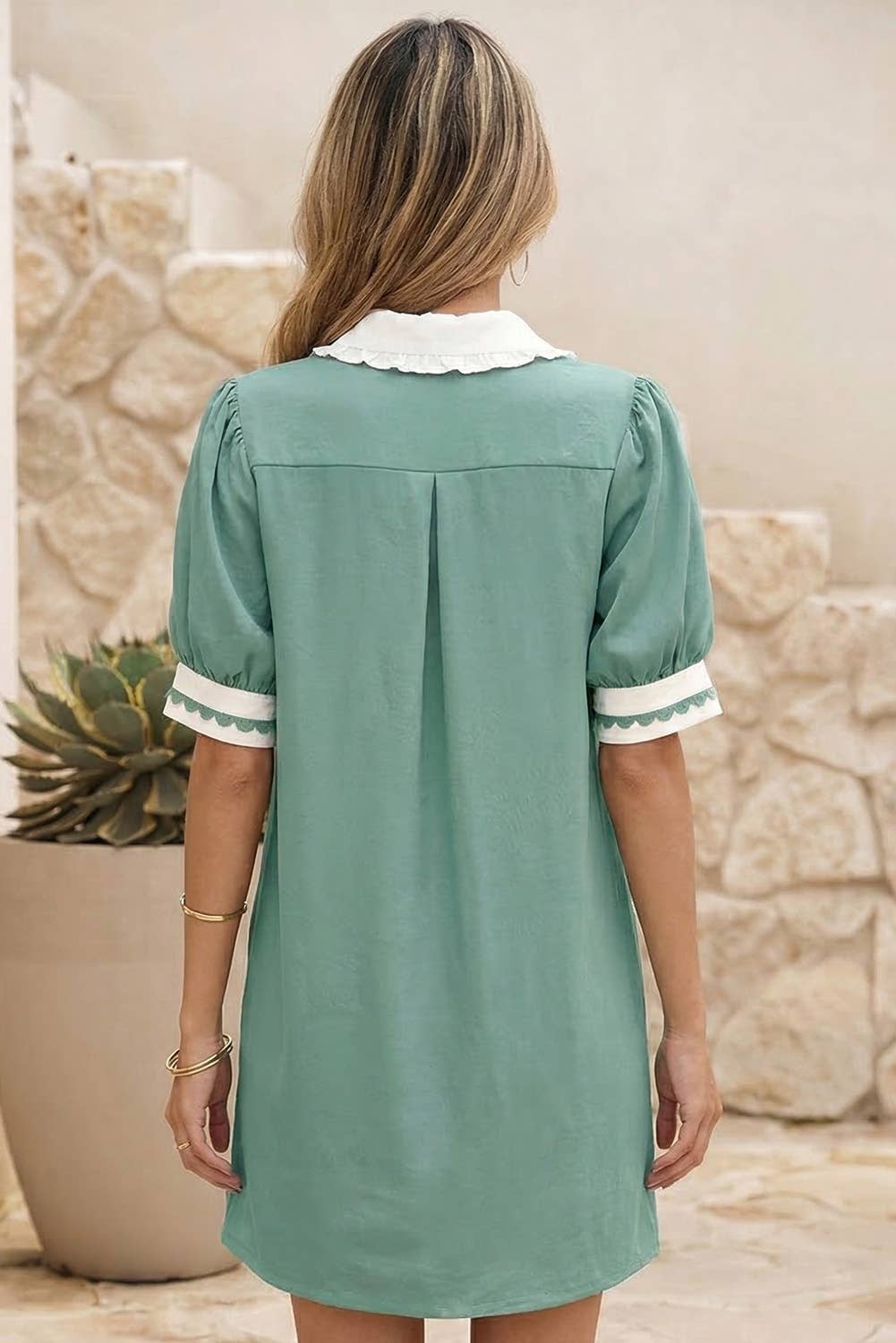 LDC Colorblock Cotton Puff Sleeve Mini Dress