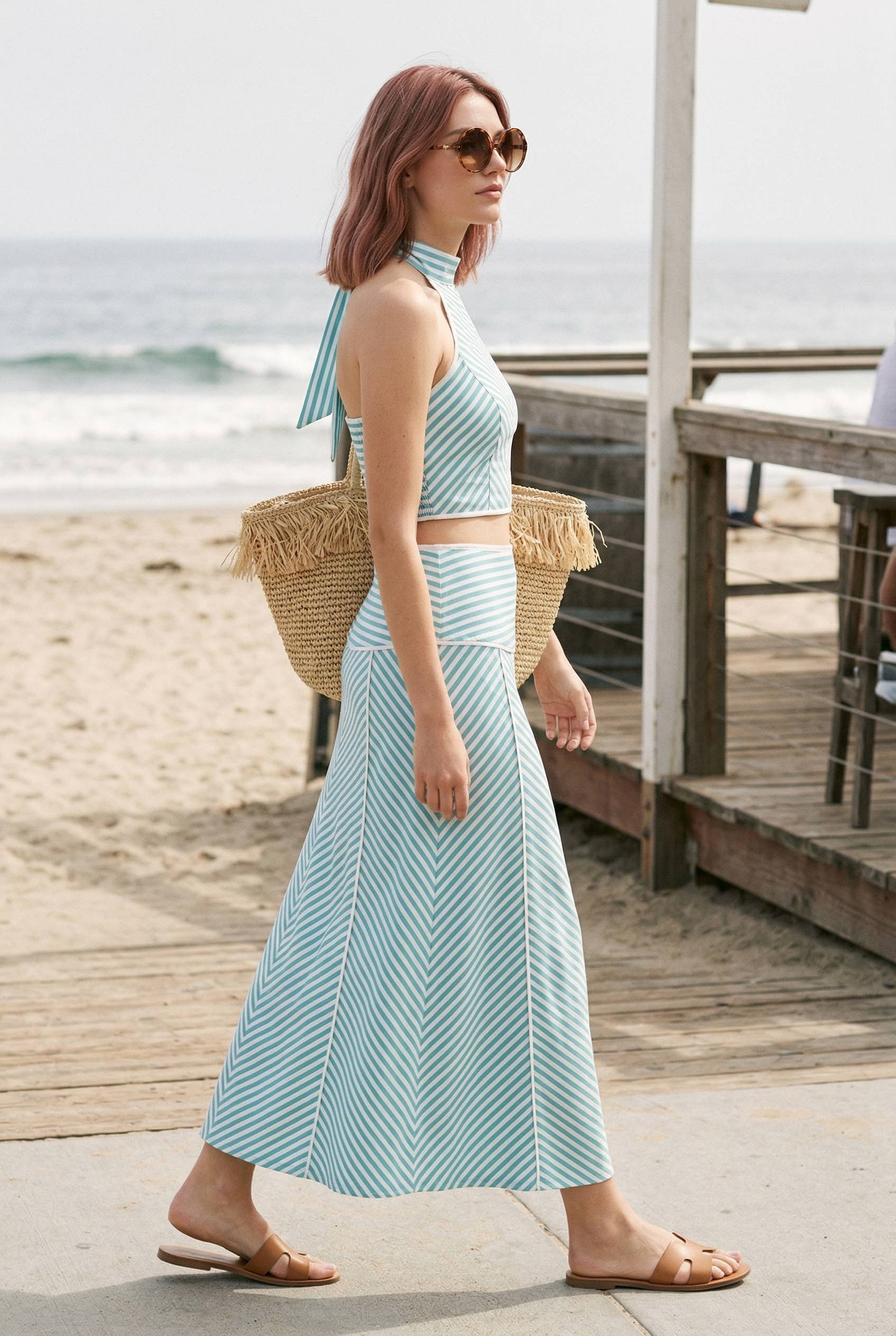 Stripe Halter Crop Top & Midi Skirt Set