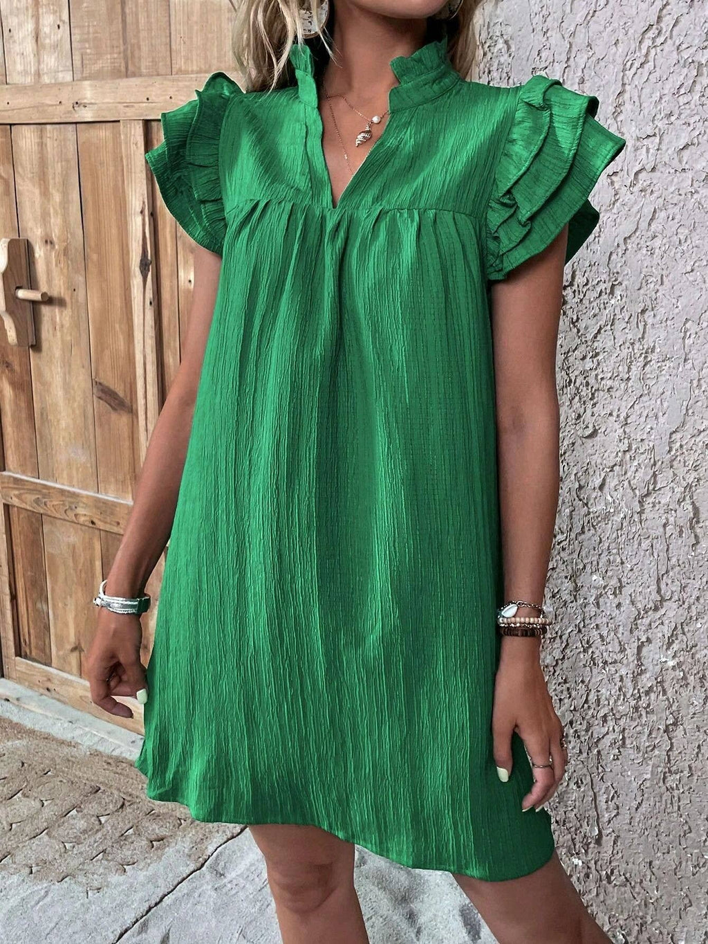 Multi-layer lotus sleeve V-neck long pullover dress