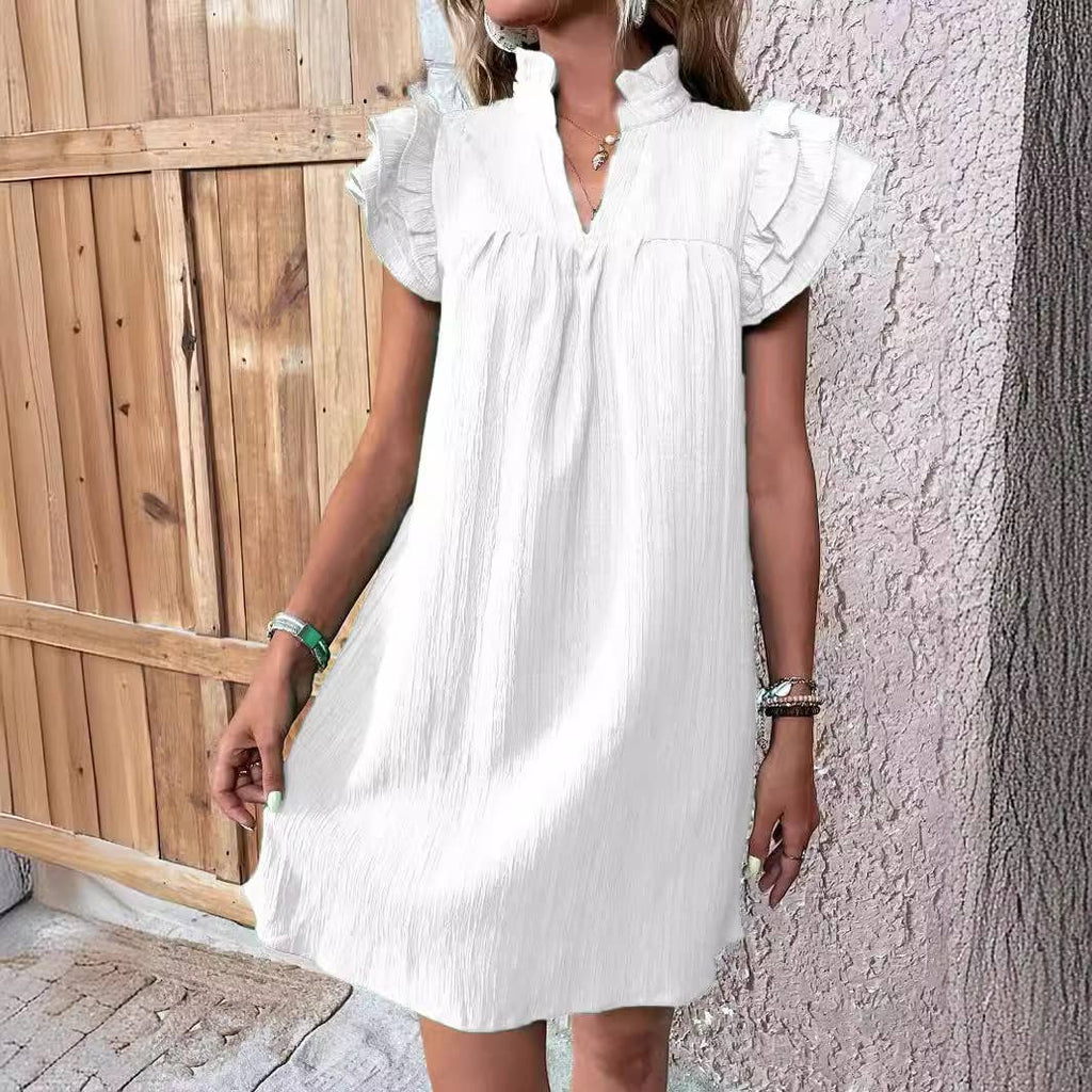Multi-layer lotus sleeve V-neck long pullover dress